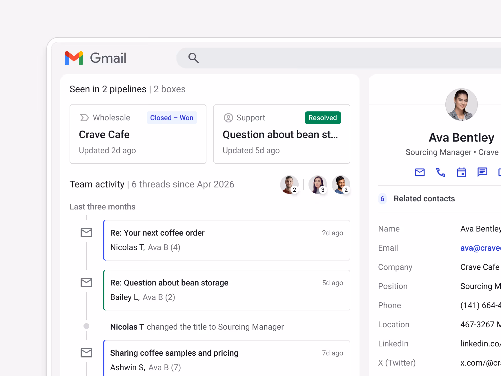 Streak contact sidebar for Ava Bentley (Sourcing Manager, Crave Cafe) — "Seen in 2 pipelines, 2 boxes" (Wholesale: Crave Cafe Closed-Won; Support: Question about bean storage, Resolved) — with team activity showing 6 threads since Apr 2026, including "Re: Your next coffee order", "Re: Question about bean storage" (Bailey L), and "Sharing coffee samples and pricing" (Ashwin S) — the full relationship history at a glance