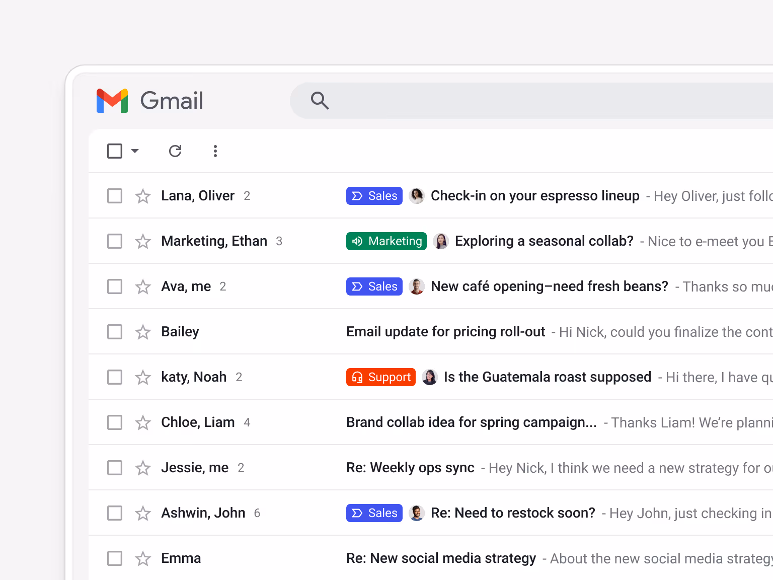 Gmail inbox showing Streak pipeline labels — Sales (blue) and Marketing (teal) — tagging emails from coffee buyers and wholesale contacts, including "Check-in on your espresso lineup", "Exploring a seasonal collab?", "Email update for pricing roll-out", "Is the Guatemala roast supposed...", and "Re: Need to restock soon?" — keeping all customer communications organized by pipeline