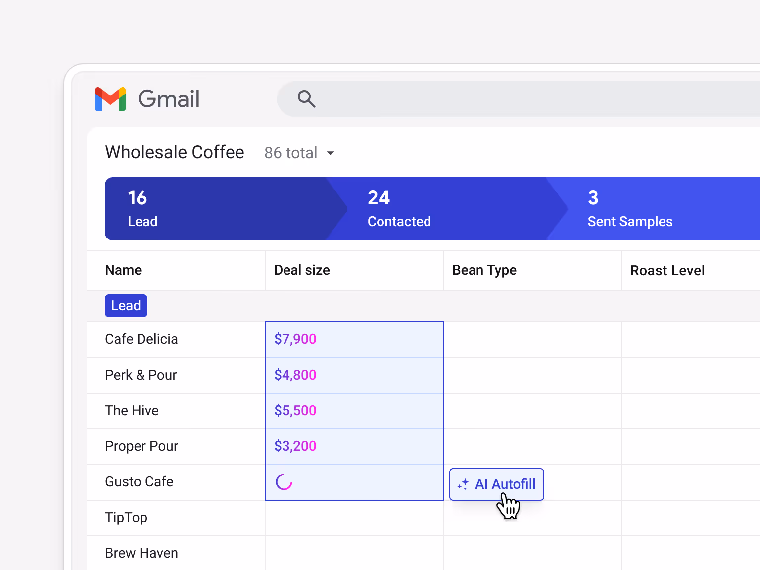 Streak AI Autofill populating the "Deal size" column — Cafe Delicia $7,900, Perk & Pour $4,800, The Hive $5,500, Proper Pour $3,200, Gusto Cafe loading — for accounts in the Wholesale Coffee pipeline