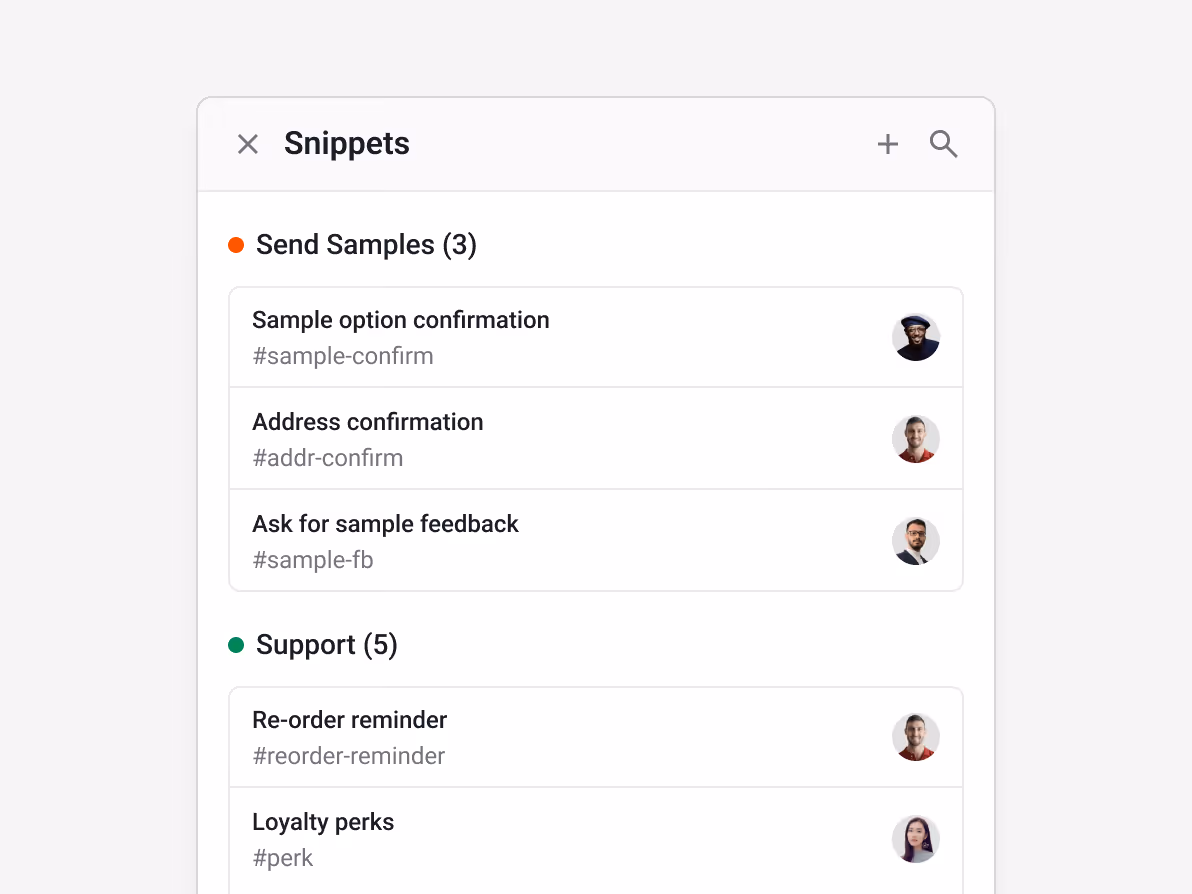 Streak Snippets panel showing "Send Samples (3)": Sample option confirmation #sample-confirm, Address confirmation #addr-confirm, Ask for sample feedback #sample-fb — and "Support (5)": Re-order reminder #reorder-reminder, Loyalty perks #perk — for fast, consistent customer communication across the team