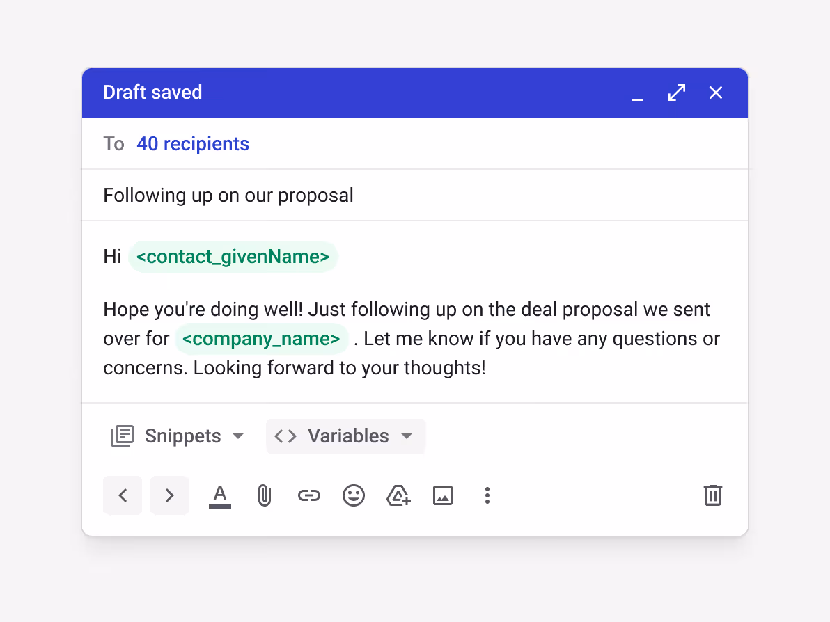 Streak mail merge "Following up on our proposal" draft to 40 recipients — with <contact_givenName> and <company_name> variables — for scalable, personalized follow-up outreach to wholesale coffee buyers