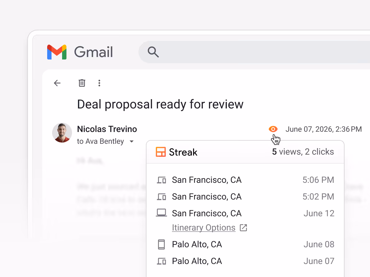 Gmail email "Deal proposal ready for review" from Nicolas Trevino to Ava Bentley — Streak email tracking showing 5 views, 2 clicks — locations: San Francisco CA (x3), Palo Alto CA (x2) — with "Itinerary Options" link click tracked on June 12 — helping the team know exactly when buyers are reviewing proposals