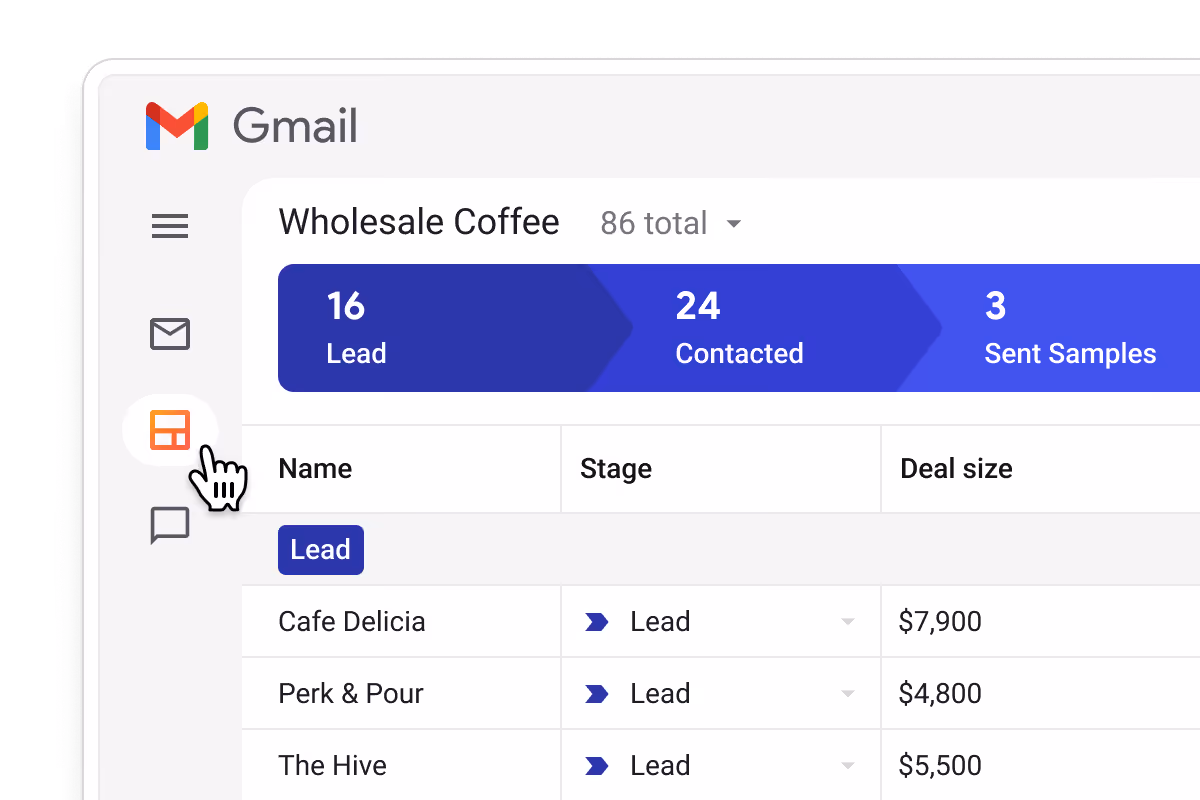 Streak Wholesale Coffee pipeline in Gmail showing 16 Lead, 24 Contacted, 3 Sent Samples — Cafe Delicia (Lead, $7,900), Perk & Pour (Lead, $4,800), The Hive (Lead, $5,500) — accessible directly from the Gmail sidebar