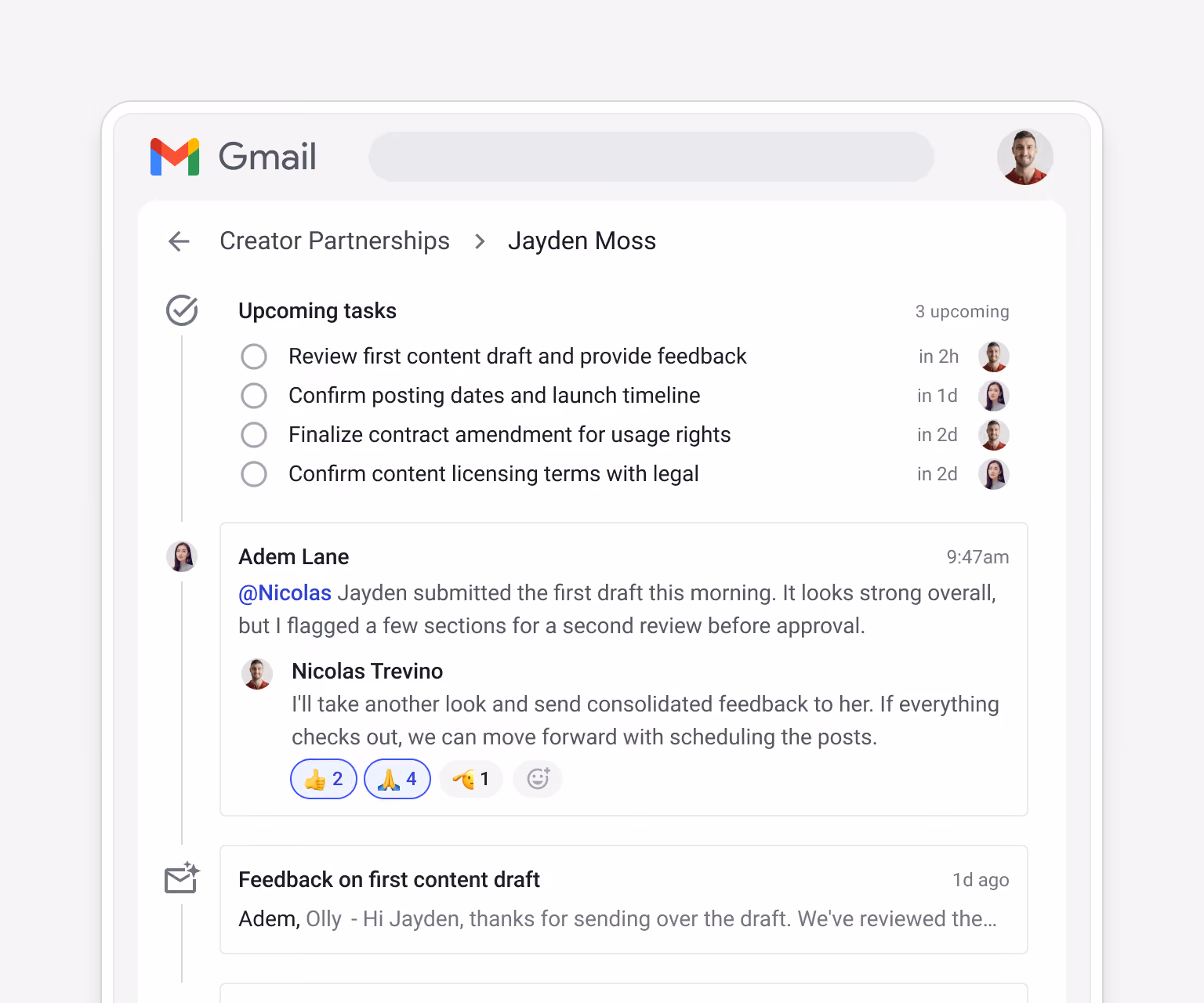 Streak creator box for Jayden Moss showing upcoming tasks — "Review first content draft and provide feedback" (in 2h), "Confirm posting dates and launch timeline" (in 1d), "Finalize contract amendment for usage rights" (in 2d) — and an @mention thread between Adem Lane and Nicolas Trevino