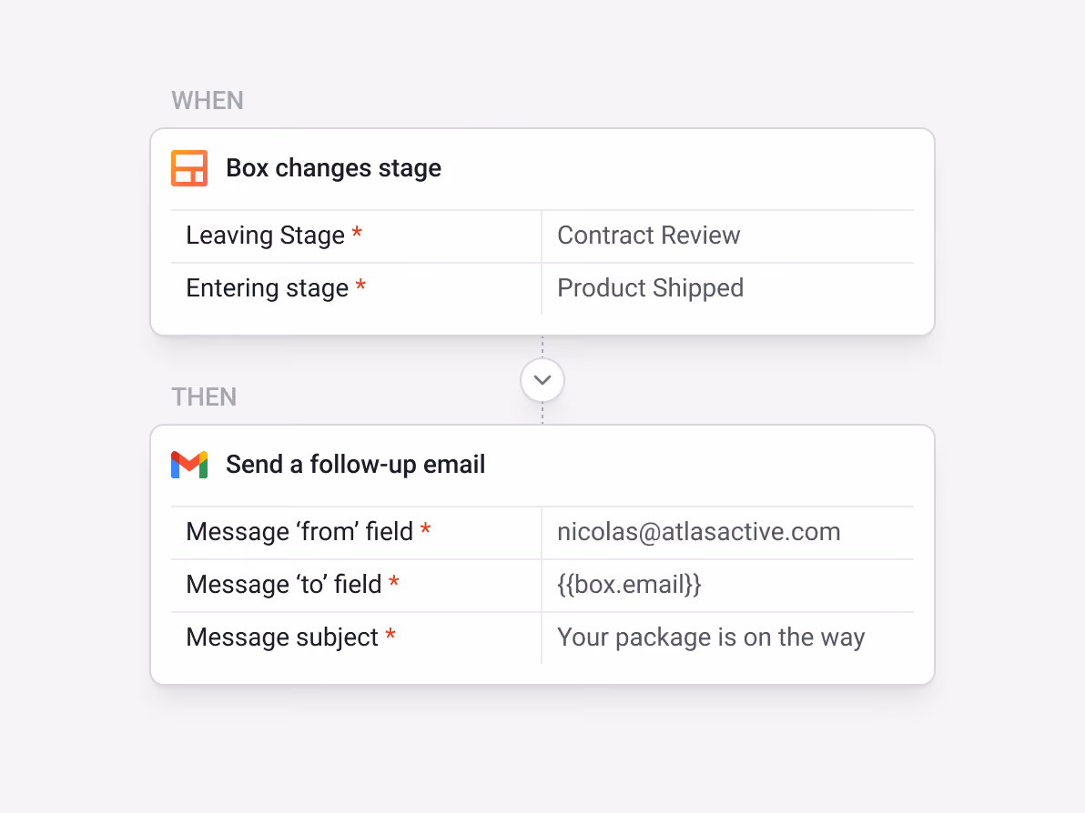 Streak automation: "Box changes stage" (leaving Contract Review, entering Product Shipped) → "Send a follow-up email: Your package is on the way" — automatically notifying creators when their product ships