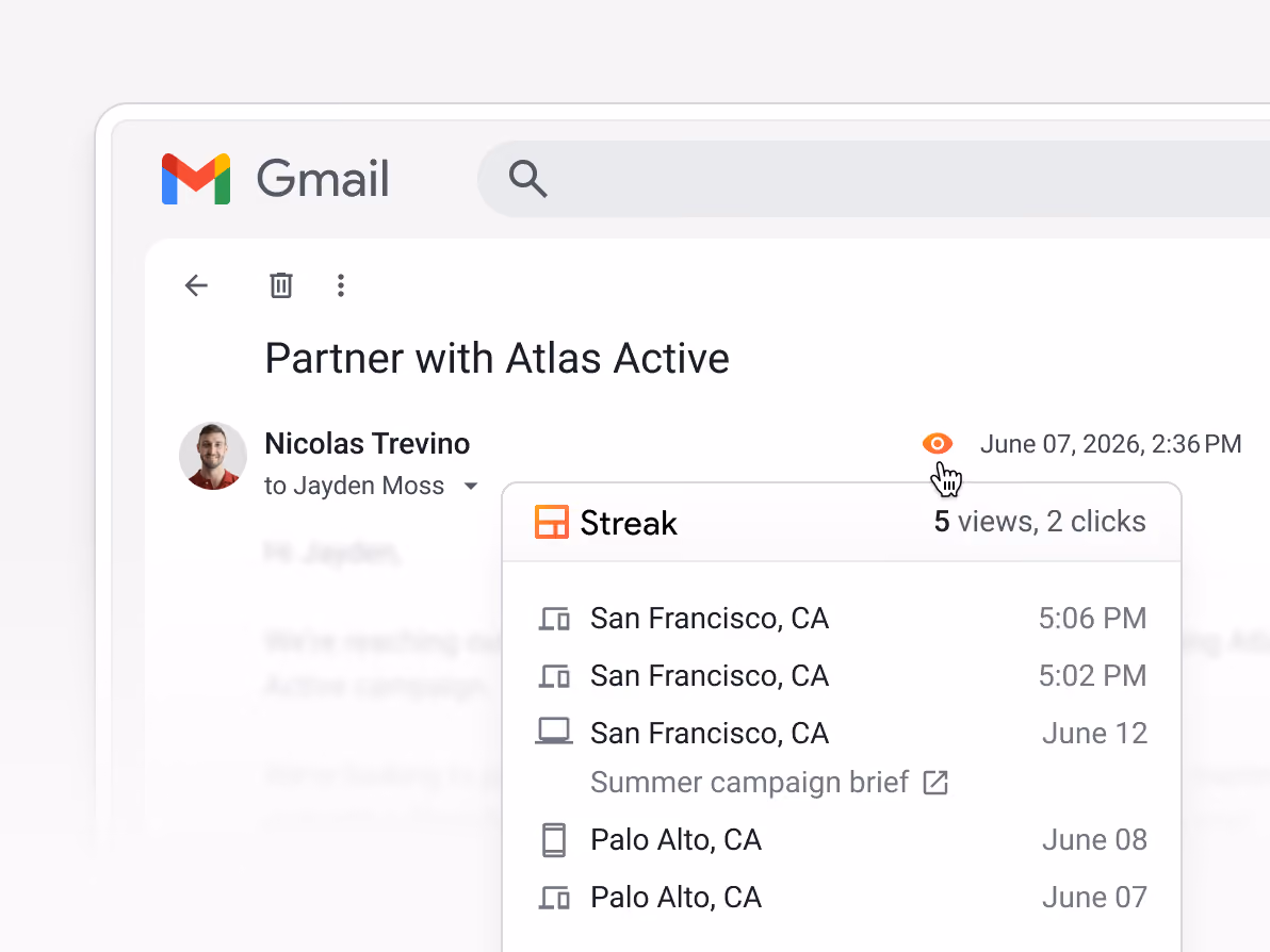 Gmail email "Partner with Atlas Active" with Streak email tracking showing 5 views and 2 clicks — with exact location, time, and a "Summer campaign brief" link click tracked