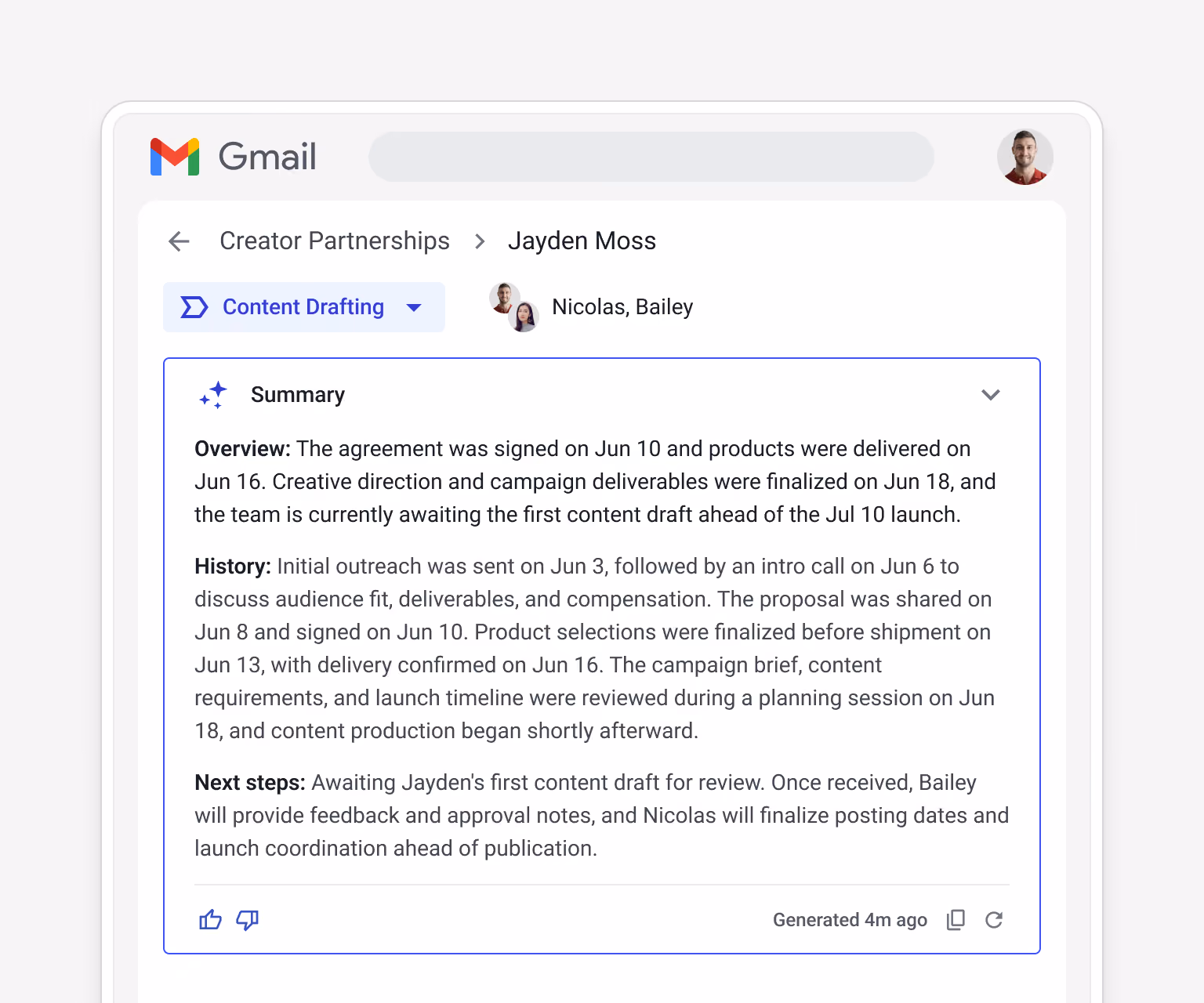 Streak AI-generated creator partnership summary for Jayden Moss — showing full campaign history ("Agreement signed Jun 10, products delivered Jul 16, creative direction finalized Jun 18") — and next steps for content approval and launch