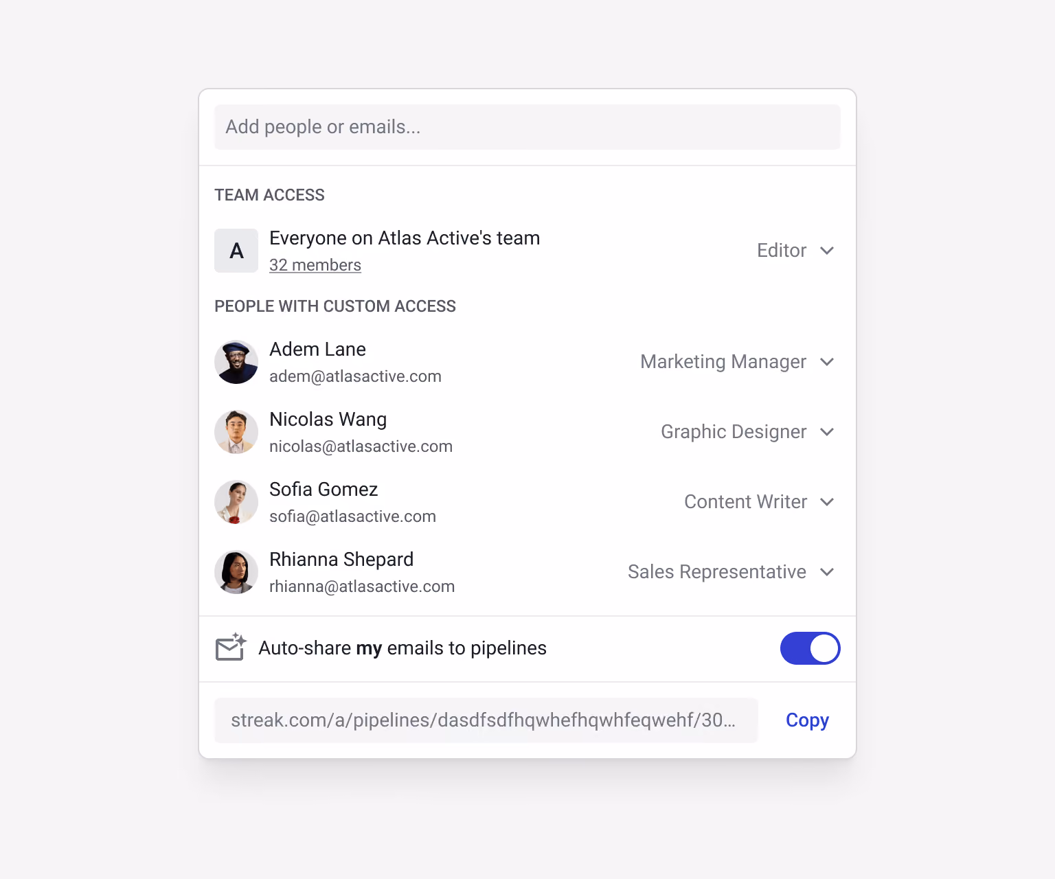 Streak creator partnerships pipeline sharing settings for Atlas Active's team — Marketing Manager, Graphic Designer, Content Writer, and Sales Representative — with auto-share emails enabled