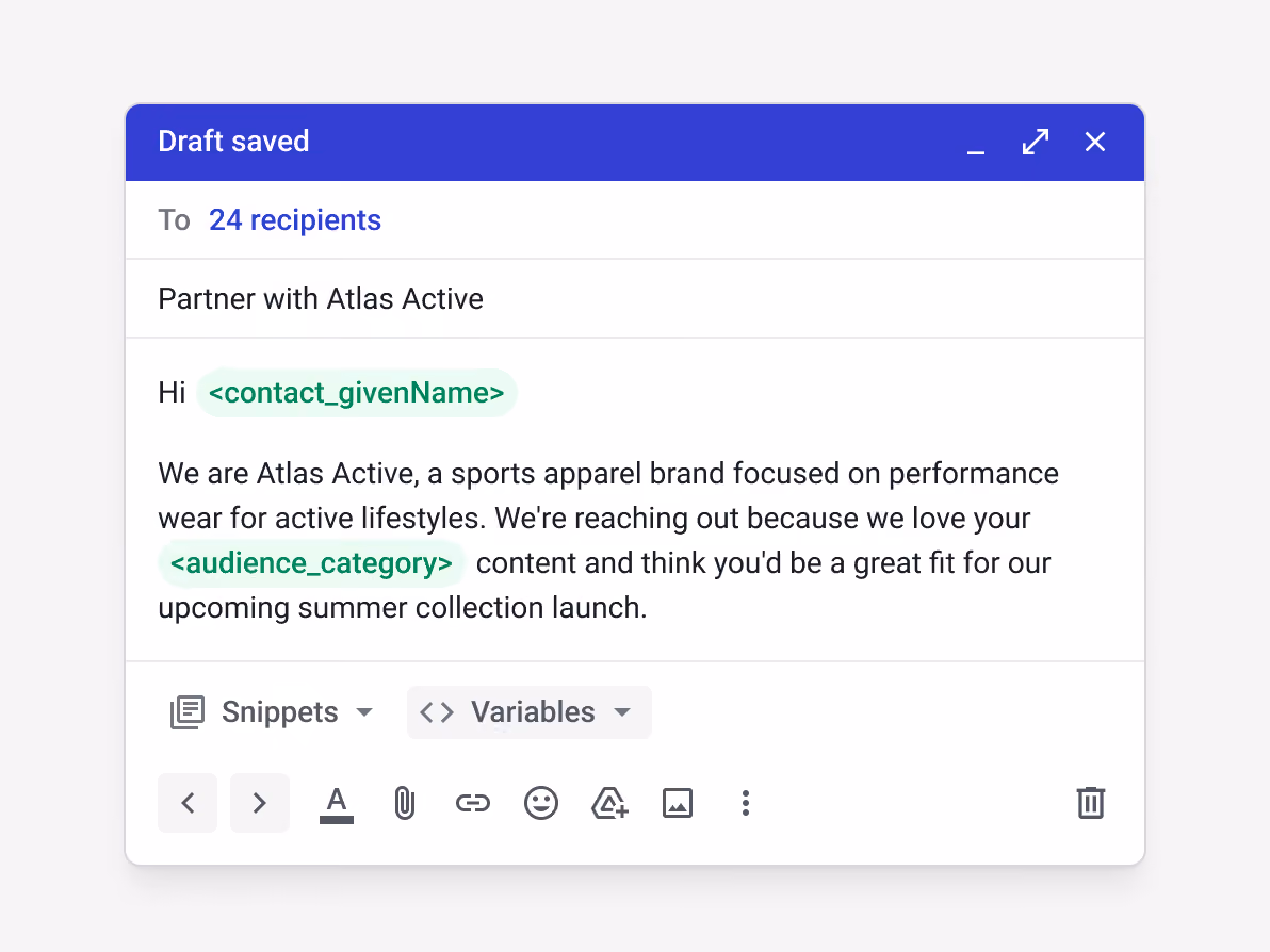 Streak mail merge draft "Partner with Atlas Active" sent to 24 creators with personalized <contact_givenName> and <audience_category> variables for scalable, personalized creator outreach