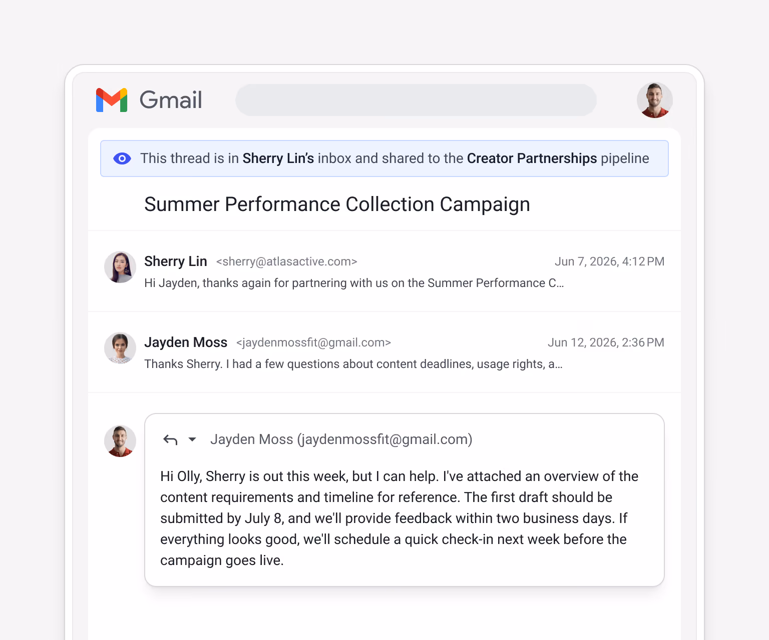 Gmail "Summer Performance Collection Campaign" email thread in Sherry Lin's inbox, shared to the Creator Partnerships pipeline — with a banner: "This thread is in Sherry Lin's inbox and shared to the Creator Partnerships pipeline" — showing Streak's pipeline coverage feature for shared email visibility across the team