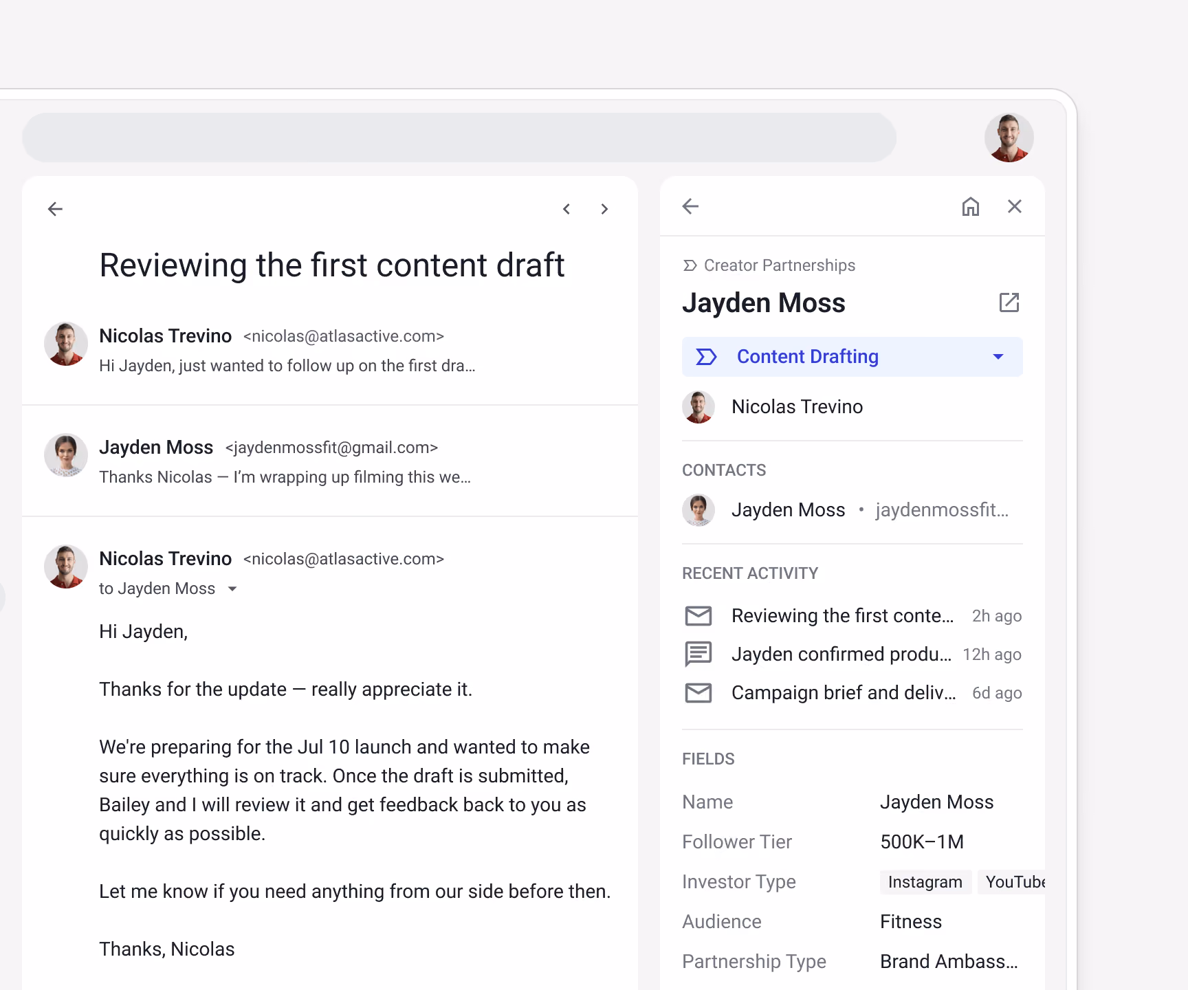 Streak creator record for Jayden Moss (Content Drafting stage) showing the email thread "Reviewing the first content draft" alongside recent activity and campaign fields — with follower tier, platform, and partnership type visible