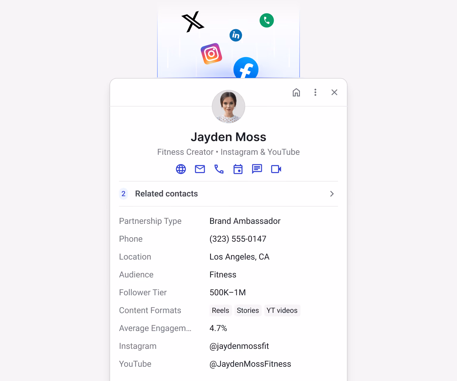 Streak creator contact enrichment panel for Jayden Moss — Partnership Type: Brand Ambassador, Follower Tier: 500K–1M, Audience: Fitness, Content Formats: Reels/Stories/YouTube videos, Average Engagement: 4.7%, handle @jaydenMossfit — with AI Autofill populating fields automatically
