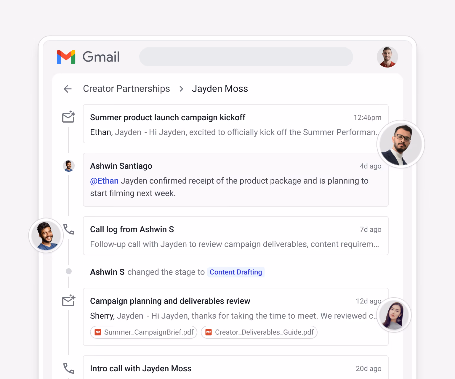 Streak creator box timeline for Jayden Moss showing emails (reviewing first content draft), a stage change to Content Drafting, and an @mention from Adem Lane with Nicolas Trevino's reply — alongside creator details (follower tier: 500K–1M, platform: Instagram/YouTube, audience: Fitness)