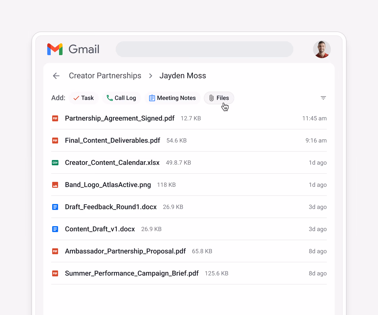 Streak creator box for Jayden Moss — with attached documents including Partnership_Agreement_Signed.pdf, Final_Content_Deliverables.pdf, and Creator_Content_Calendar.xlsx — for managing all creator partnership documents in one place