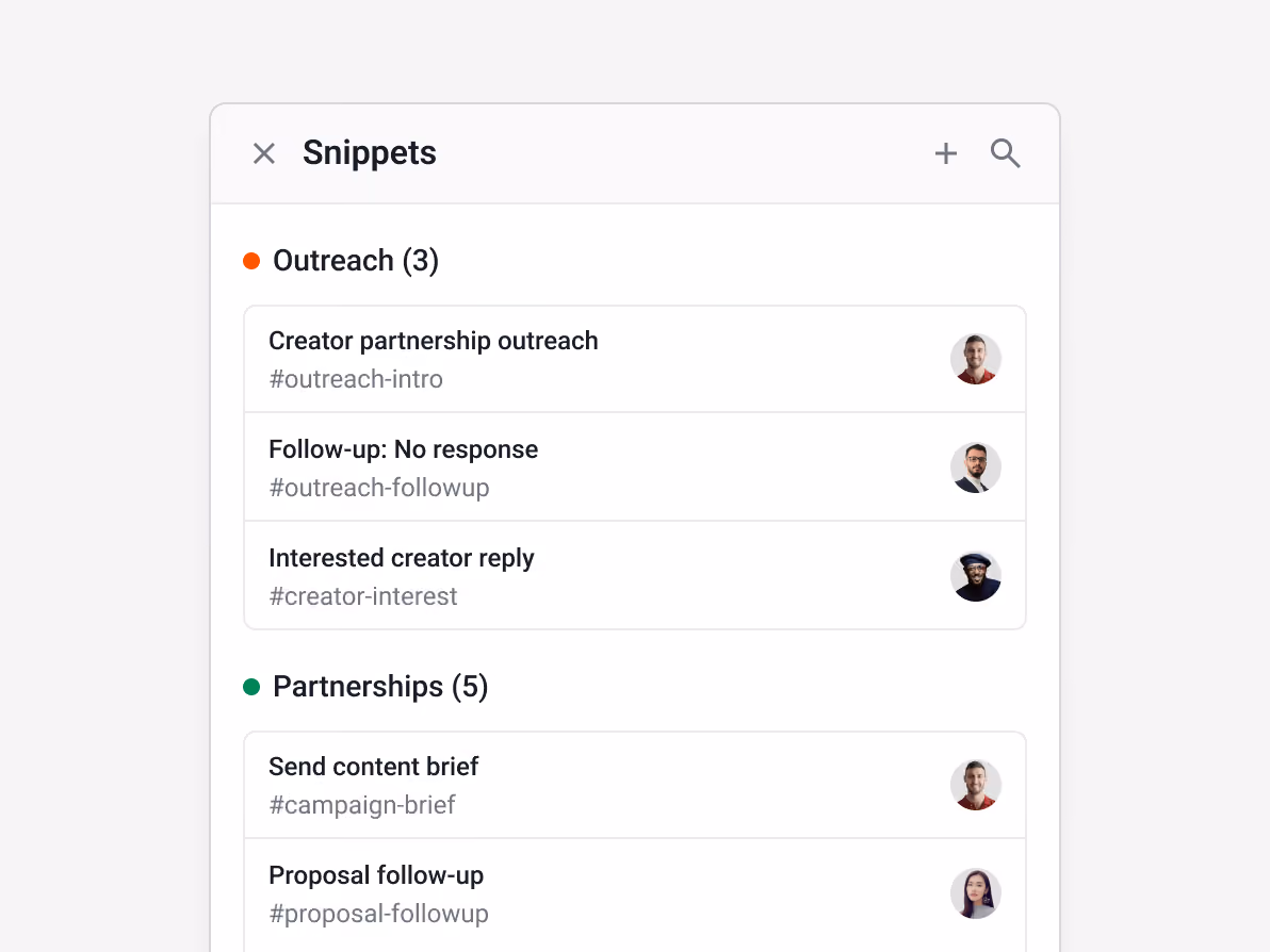 Streak email snippets panel showing creator partnership outreach templates — "Creator partnership outreach #outreach-intro", "Follow-up: No response #outreach-followup", "Interested creator reply #creator-interest" — and partnership docs like "Send content brief" and "Proposal follow-up"
