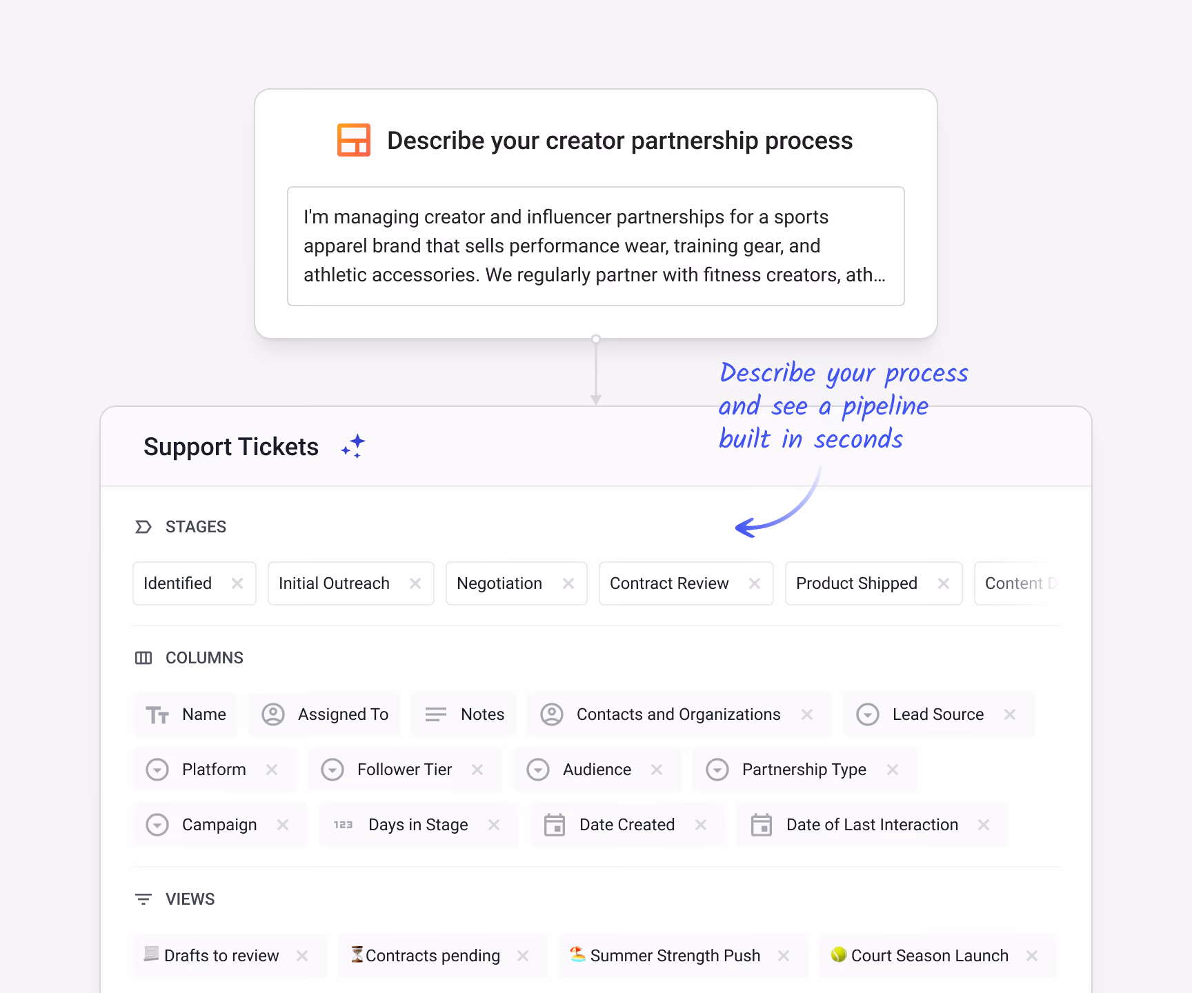 Streak creator partnerships pipeline at the Negotiation stage showing platform, date of last email, and last email sender for each creator — Emma Carter (Instagram), Jake Rivers (YouTube), Maya Lee (TikTok)