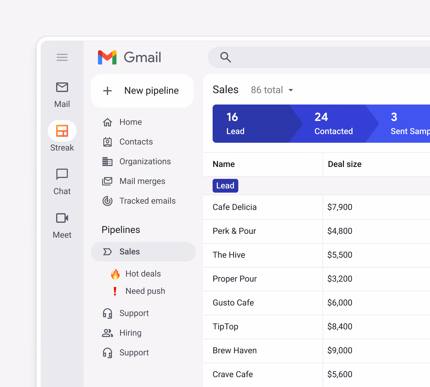 Gmail sidebar menu showing Streak integrated alongside Mail, Chat, and Meet, with Home, Contacts, and Organizations tabs for managing pipelines directly in Gmail.