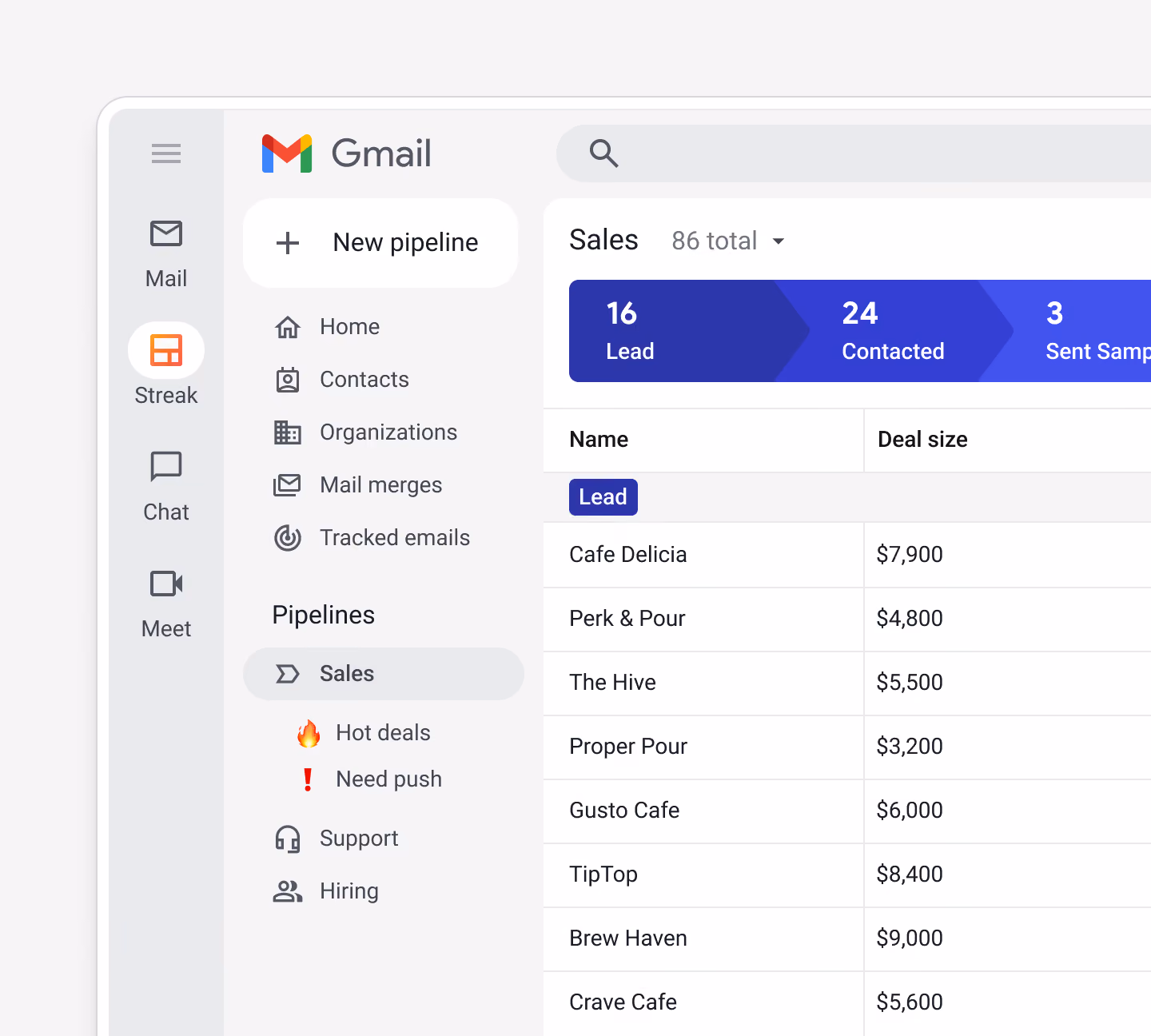 Gmail sidebar menu showing Streak integrated alongside Mail, Chat, and Meet, with Home, Contacts, and Organizations tabs for managing pipelines directly in Gmail.