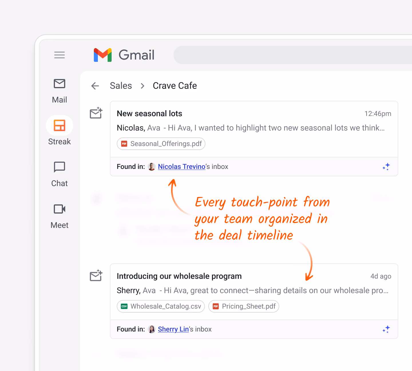 Highlighted deal timeline showing emails and activities from different teammates, with annotations pointing out that every touchpoint is organized in the timeline.