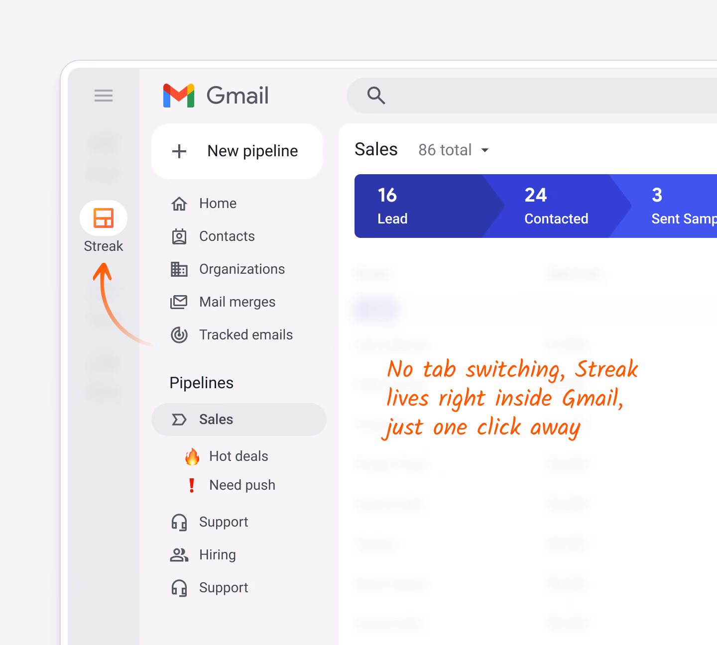 Gmail sidebar menu with Streak highlighted among Mail, Chat, and Meet, annotated to show that Streak lives directly inside Gmail with no tab switching required.