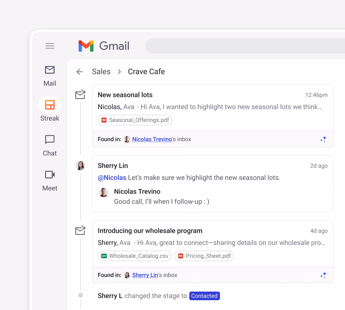 Highlighted deal timeline showing emails and activities from different teammates.