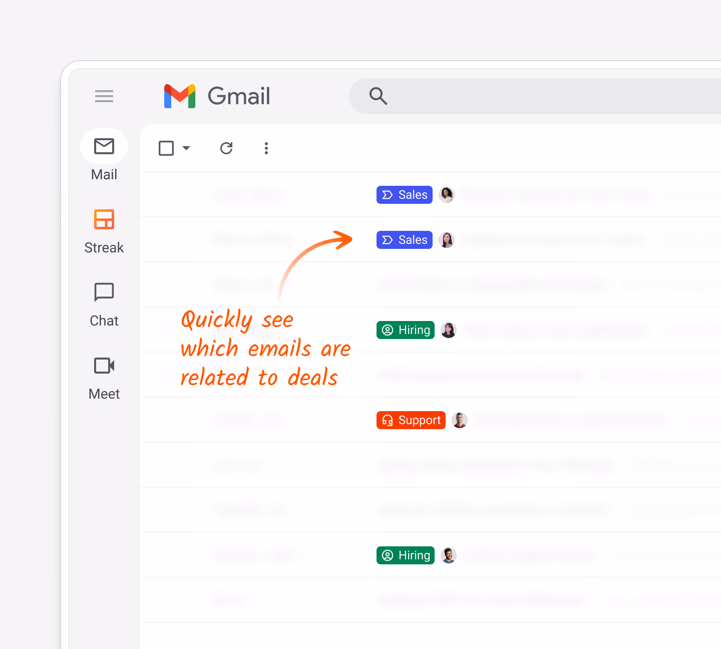 Gmail inbox view with colored pipeline tags (Sales, Marketing, Support) next to emails, annotated with “Quickly see which emails are related to deals".