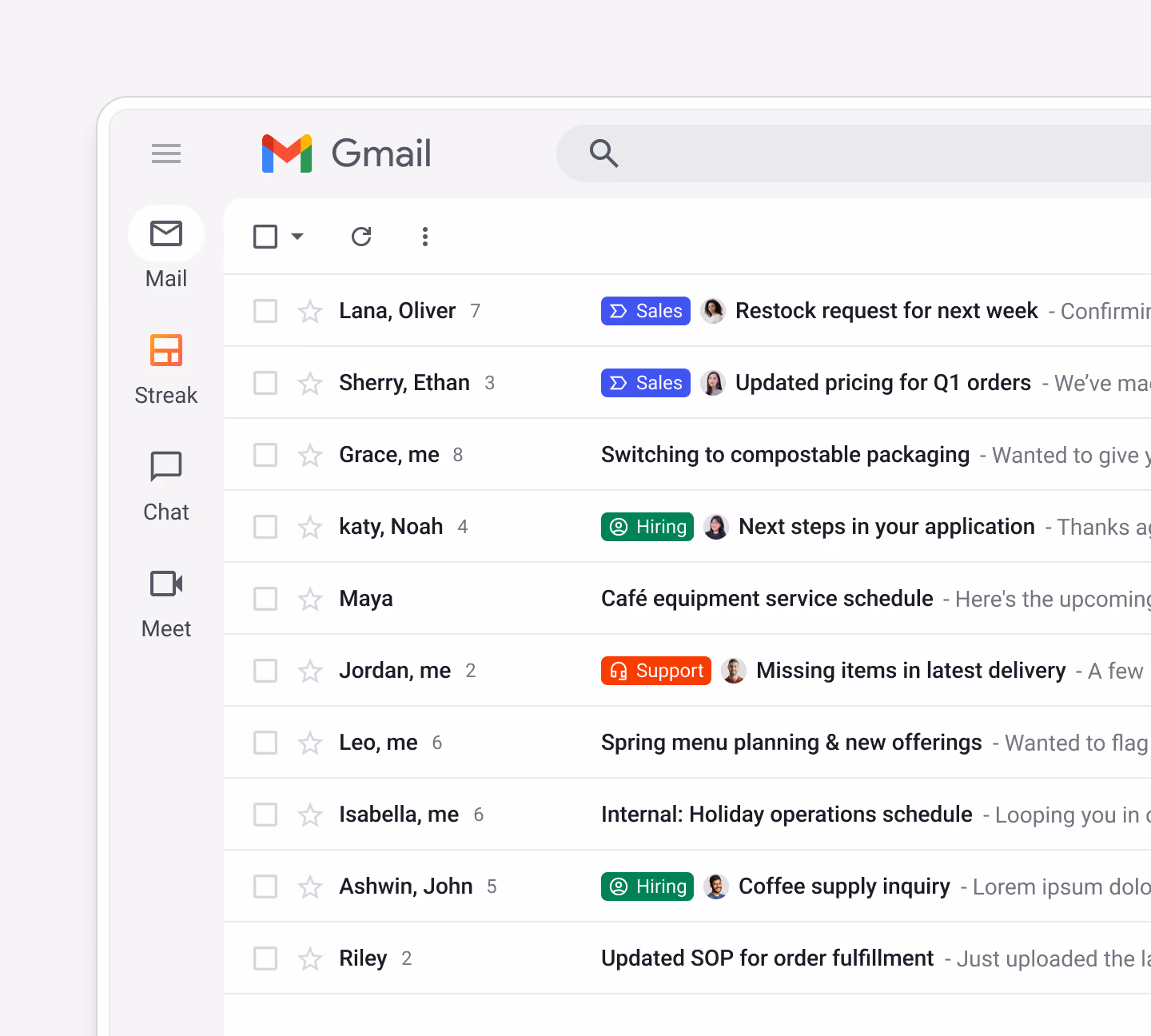 Gmail inbox showing emails from various contacts with colored tags for Sales, Marketing, and Support categories.