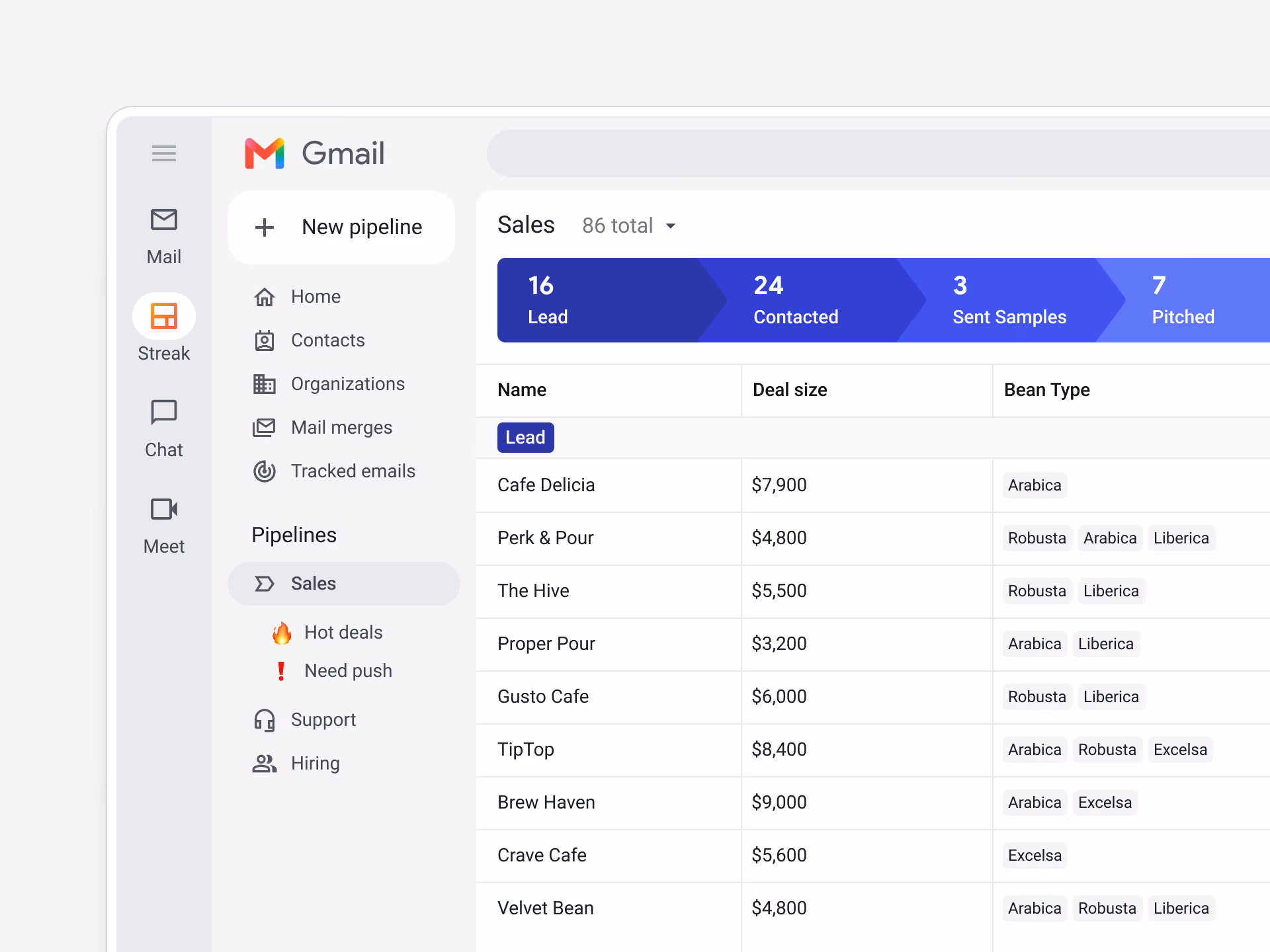 Streak pipeline view inside Gmail showing deal stages, columns, and filters managed directly from the inbox.