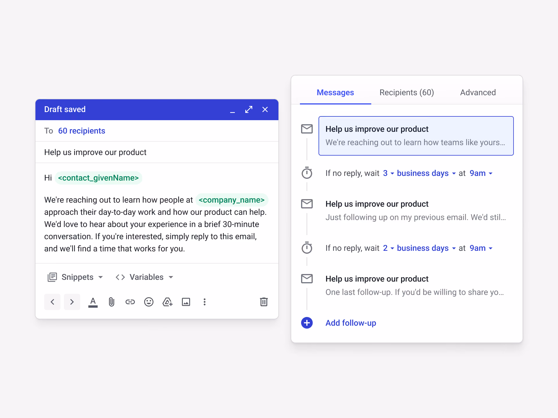 Streak mail merge screen in Gmail for sending personalized mass emails to CRM contacts.