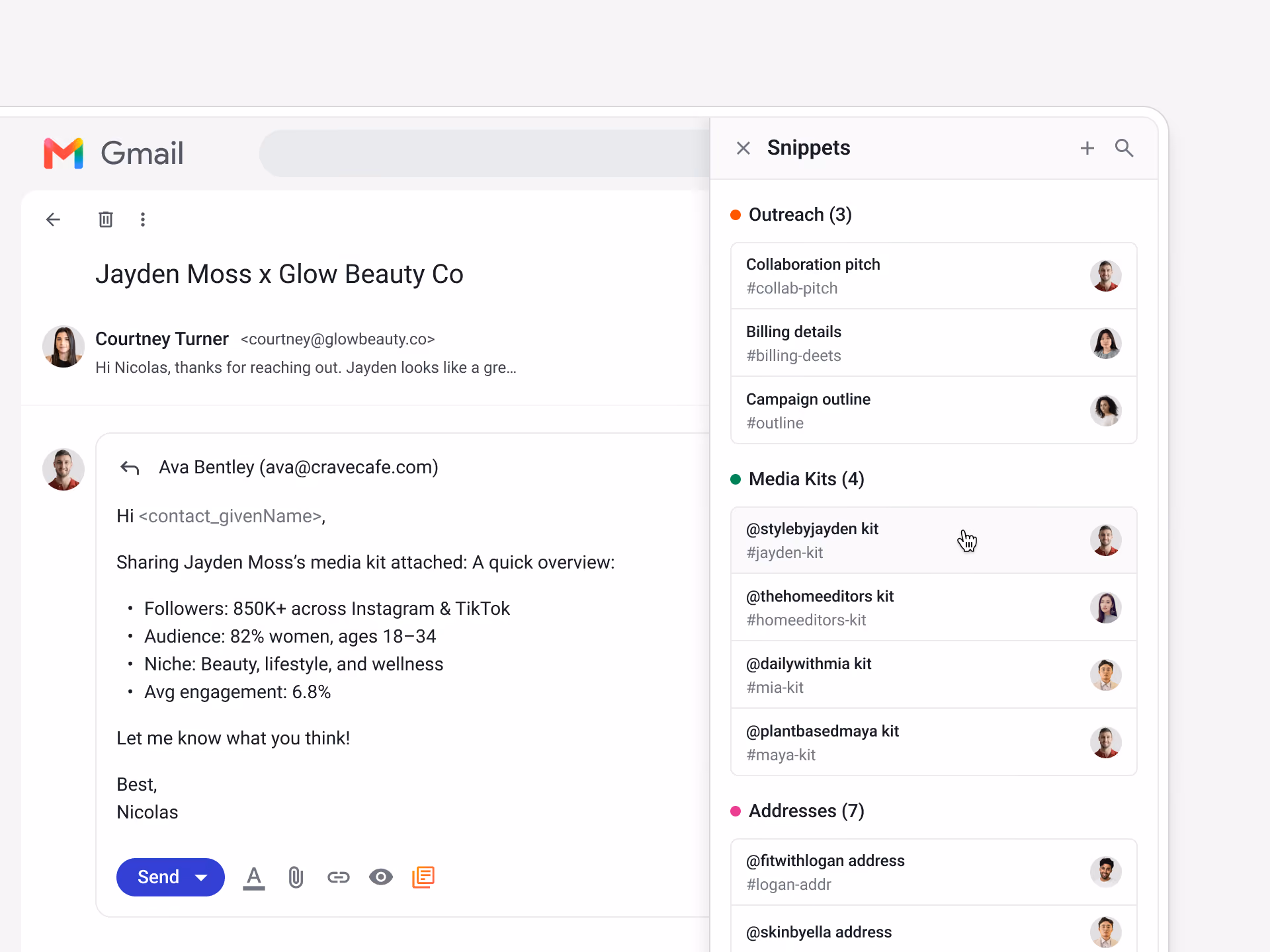 Streak Snippets menu in Gmail showing reusable email templates for team reply messages.