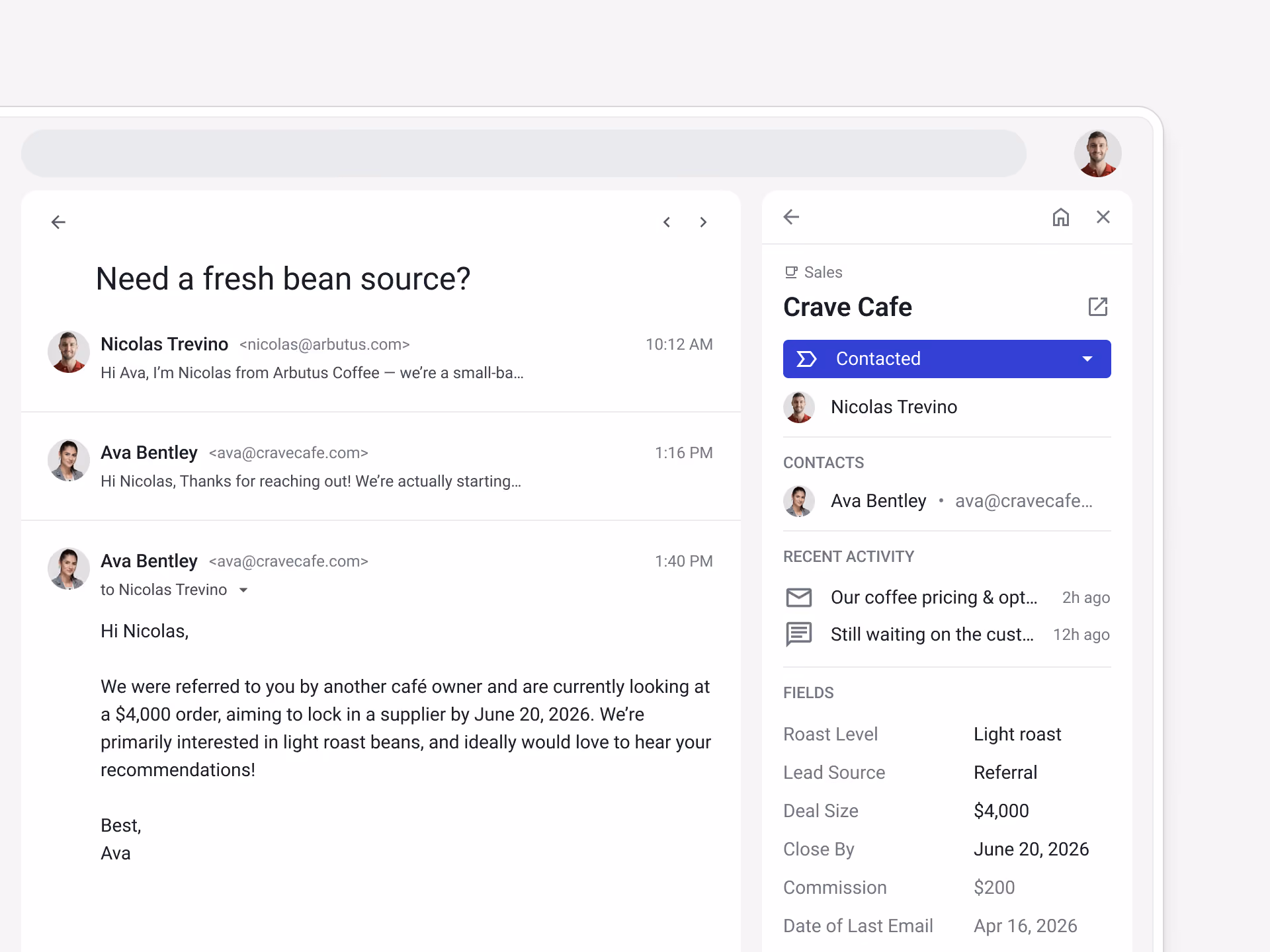 Gmail email thread showing a deal's stage and fields being updated directly from Streak without leaving the message.