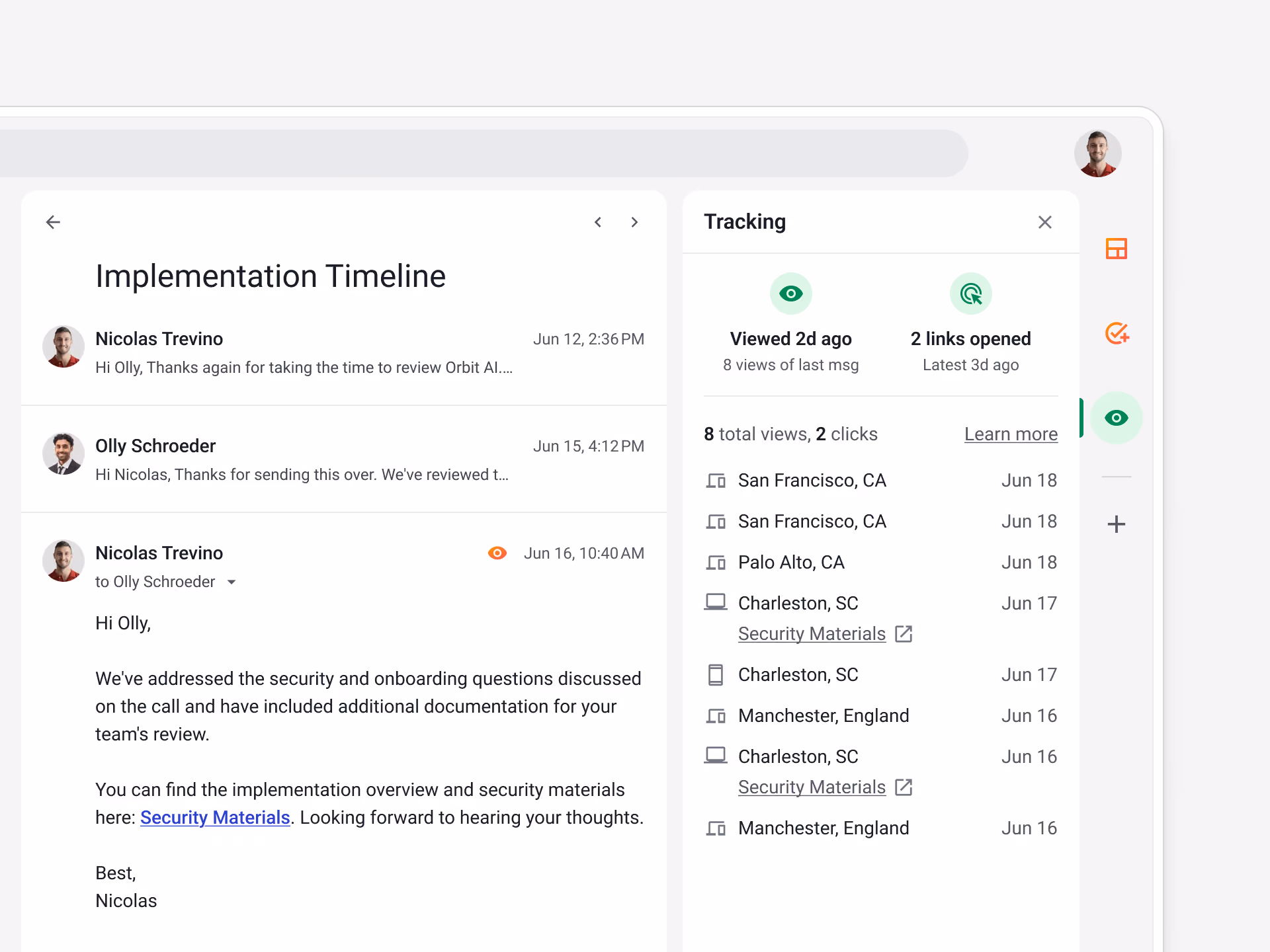 Streak email tracking view in Gmail showing open and link-click notifications for a sent message.