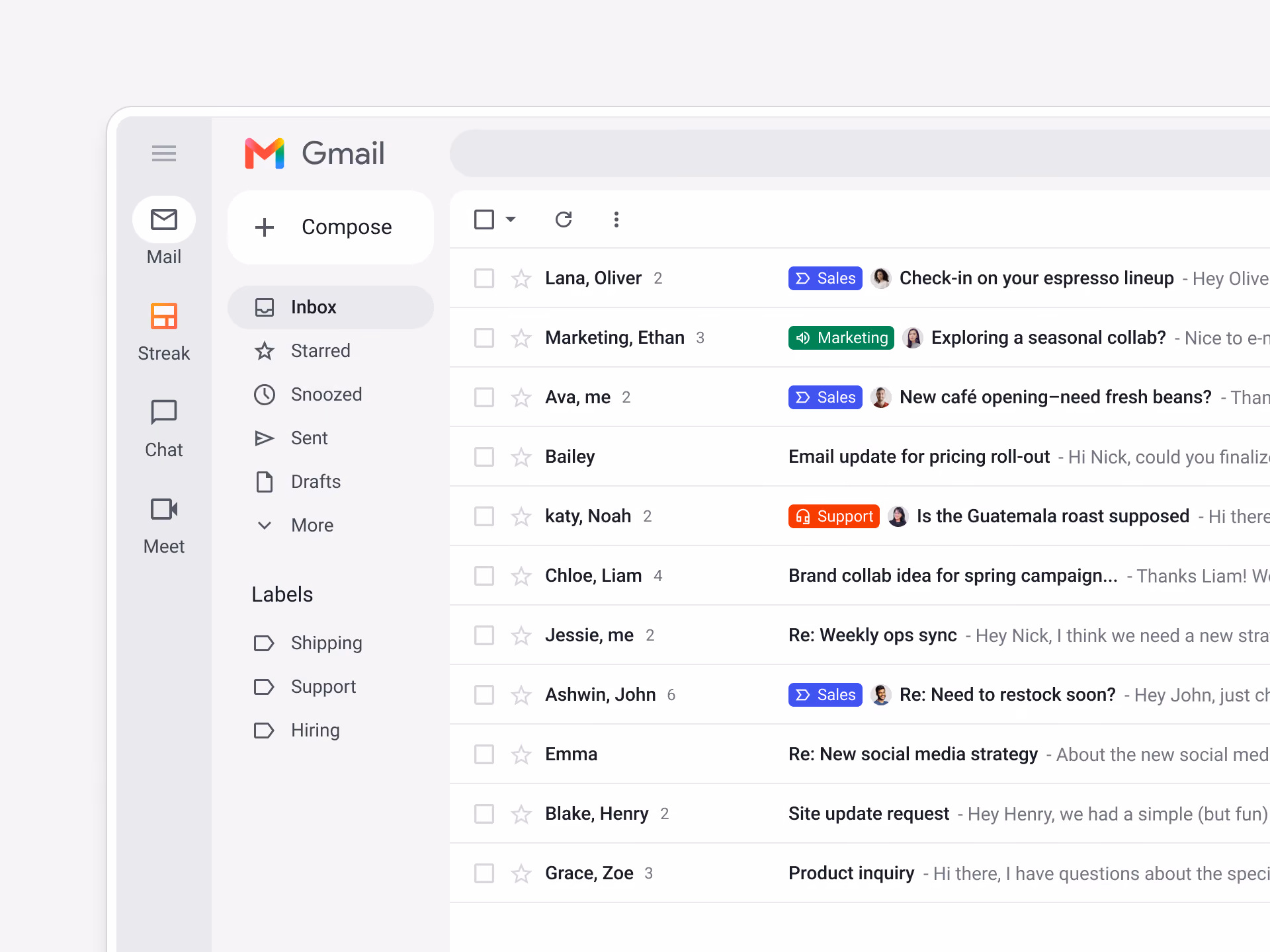 Gmail inbox showing Streak's pipeline labels highlighting important deal conversations.