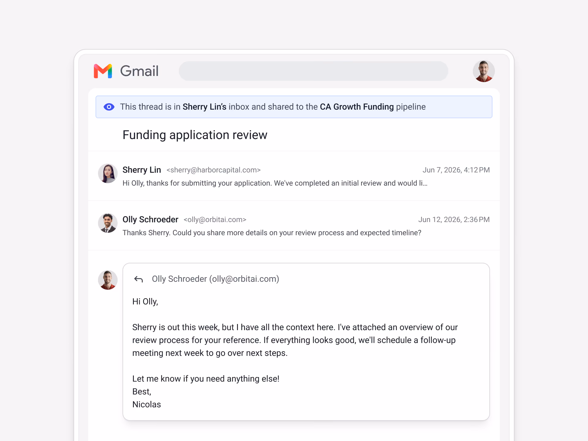Screenshot showing a shared Gmail thread inside Streak's CRM, letting a teammate view and reply to a deal conversation they weren't CC'd on.