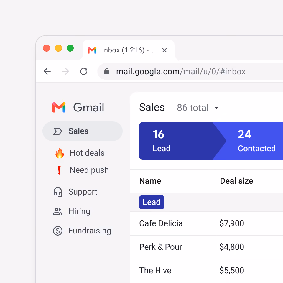 Streak CRM setup screen showing the Gmail browser extension ready to use without a separate workspace or data migration.
