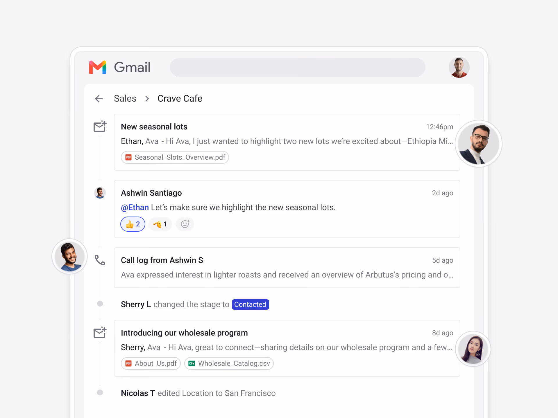Shared Gmail inbox view in Streak showing team members with visibility into the same deal's email history.