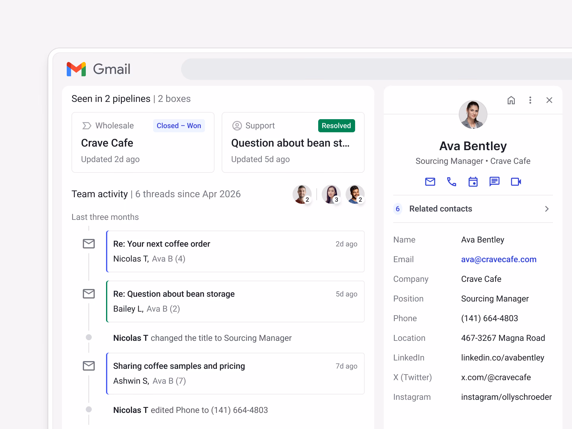 Streak contact record showing a person's complete Gmail email history alongside their CRM details.