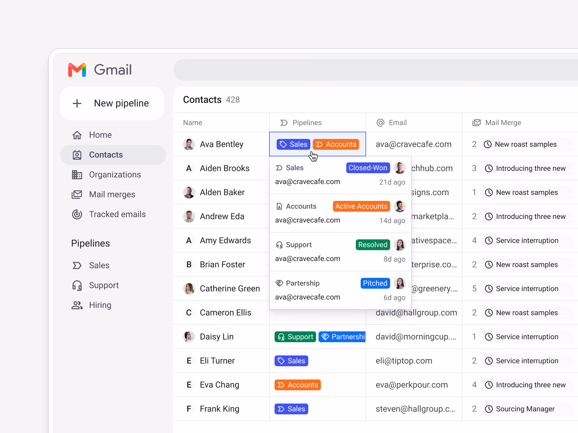Streak shared contact database view showing a team's Google Contacts synced with full email history.