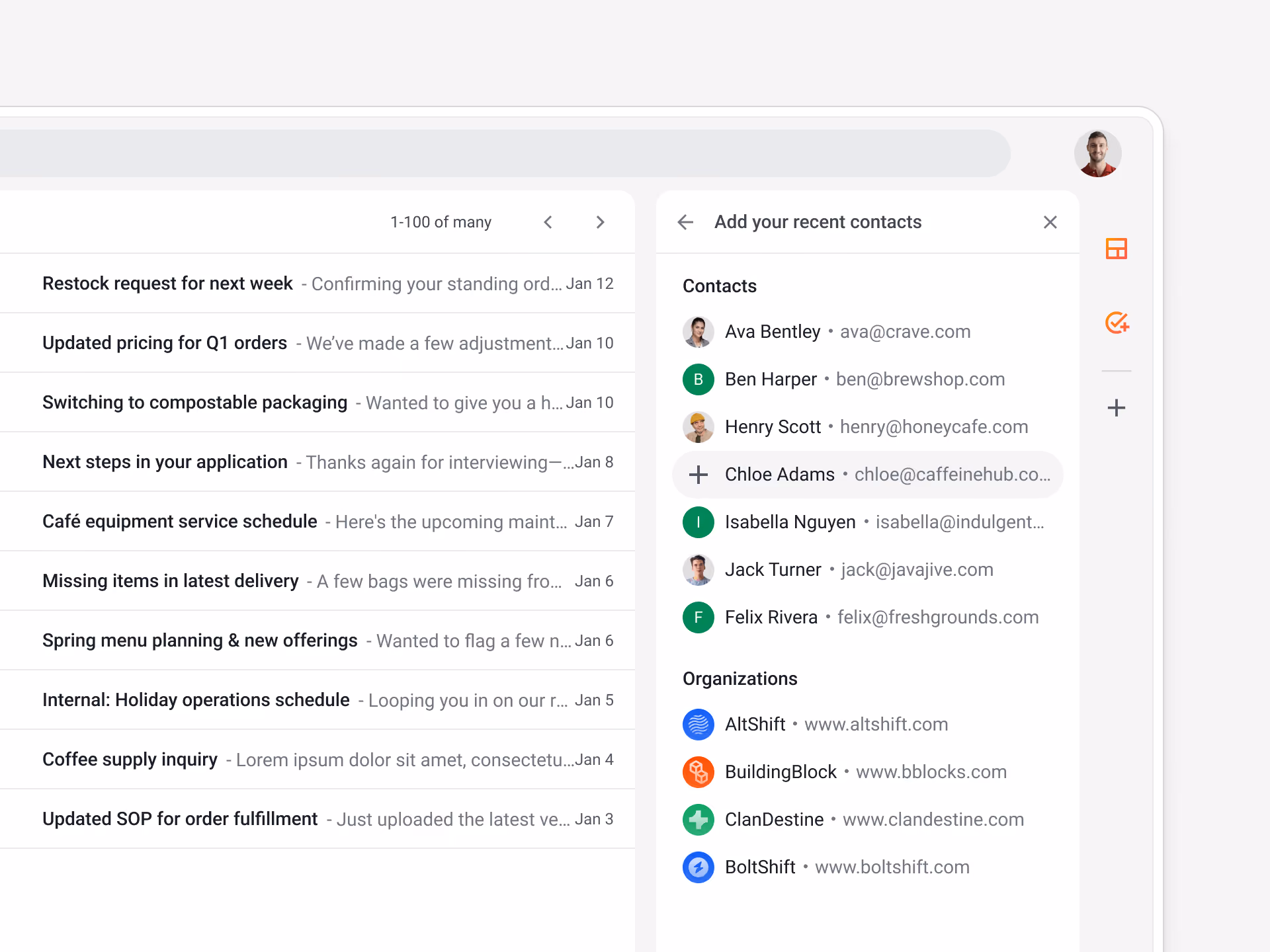Streak Quick Add feature scanning a Gmail inbox and suggesting contacts to add to the CRM.