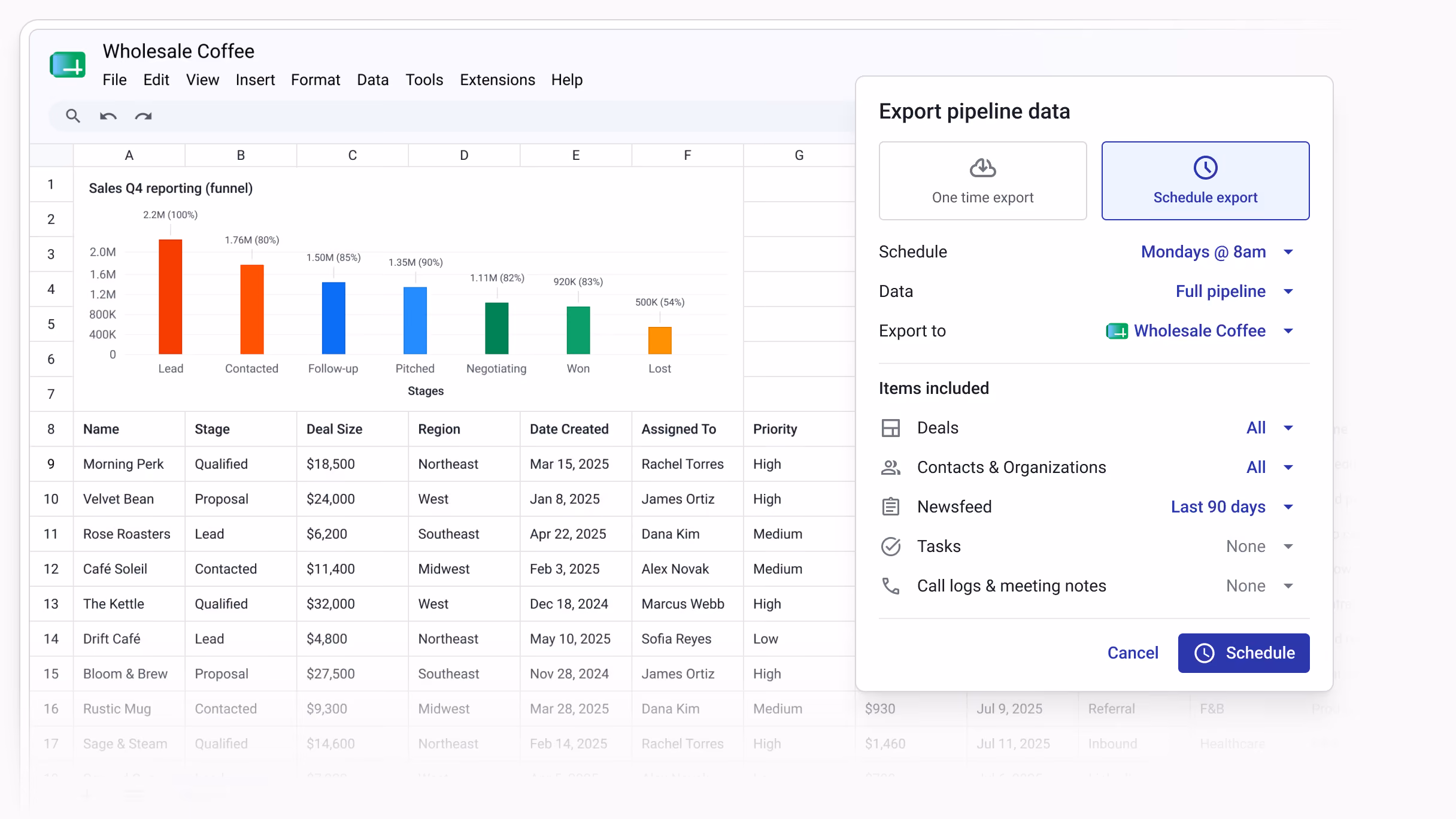 Contact management view inside Gmail showing complete client interaction history, related pipelines, and detailed contact information.