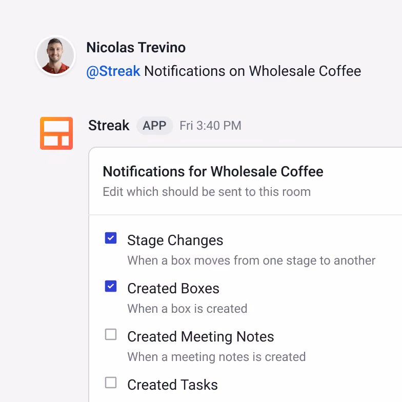 Google Chat room showing Streak Bot notifications for stage changes, new deals, and due tasks.