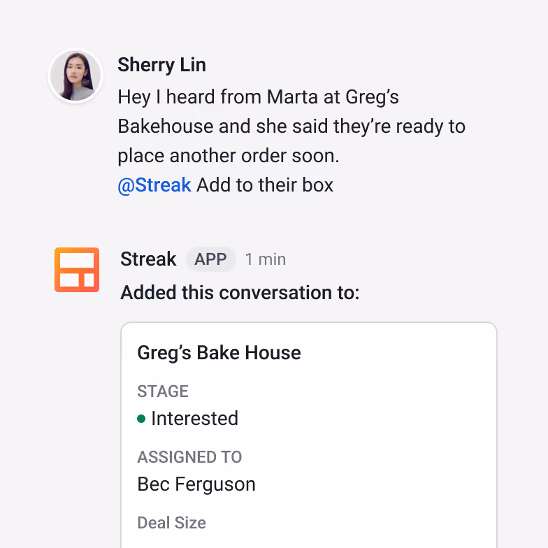 Streak deal timeline showing a Google Chat conversation attached alongside the deal's emails.