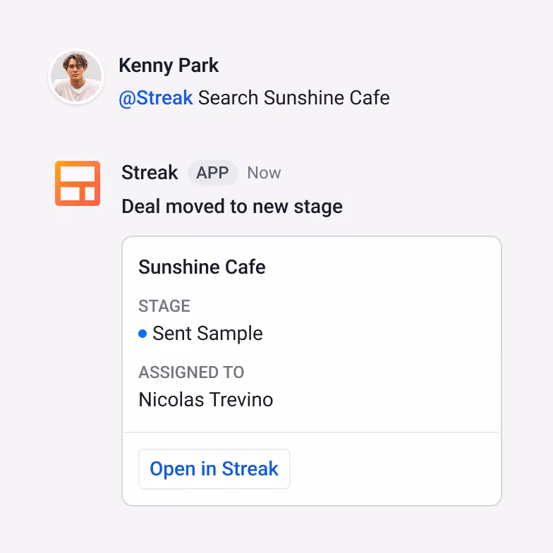 Google Chat conversation showing the Streak Bot returning pipeline search results with an @Streak command.