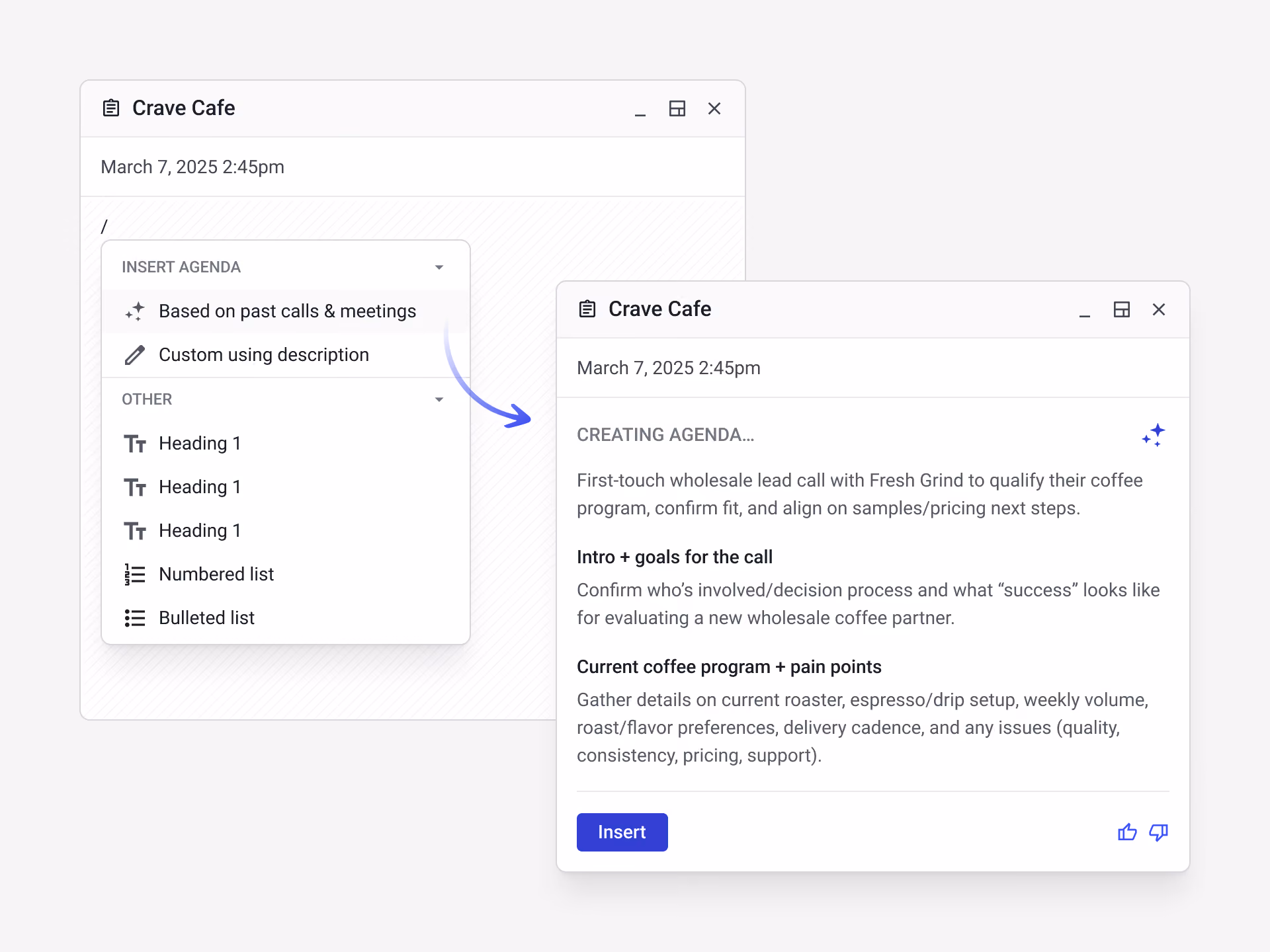 Streak AI generating a custom meeting agenda from a deal's email history in Gmail.