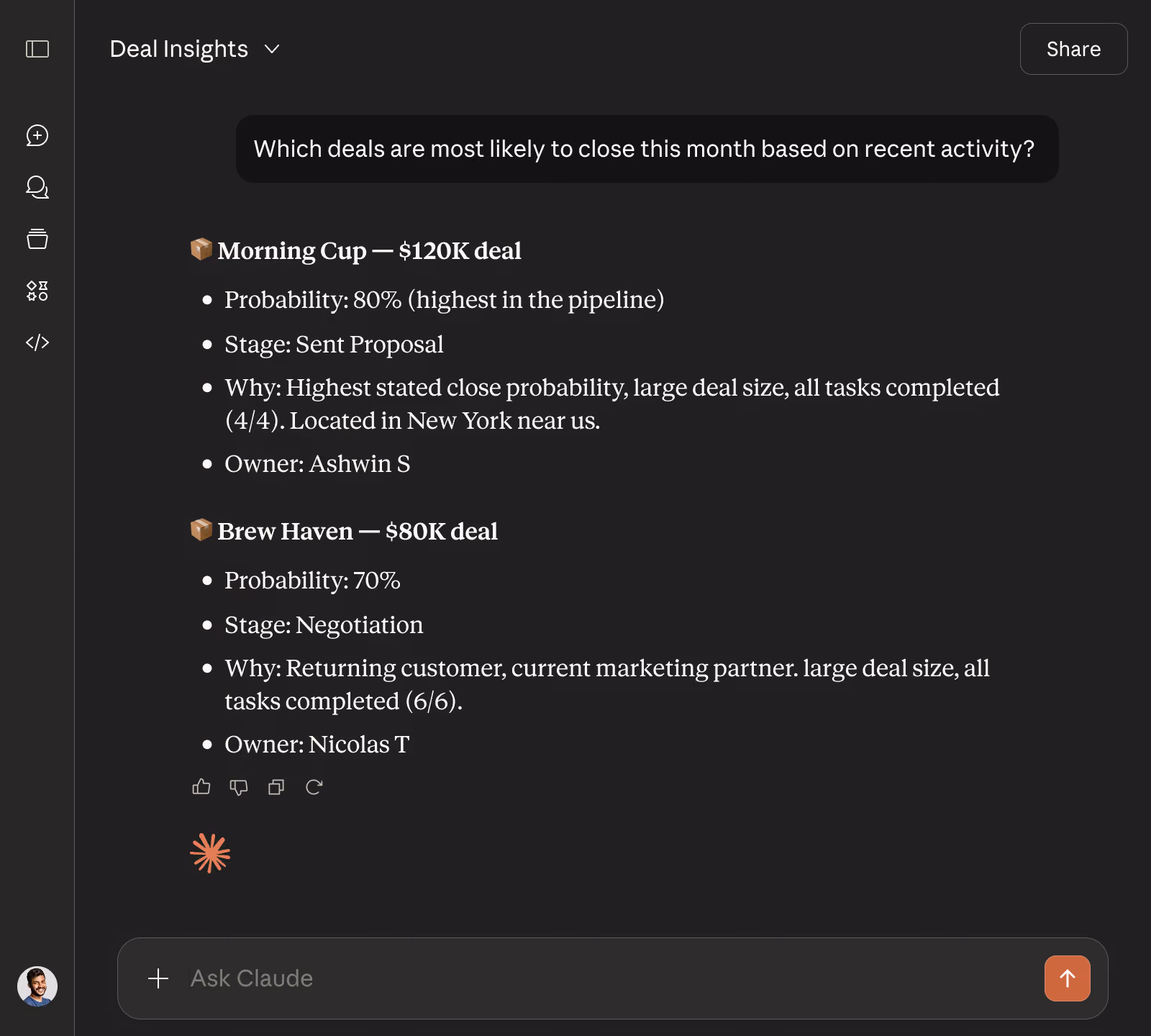 Claude chat where a user asks which deals are most likely to close this month, and Claude ranks Morning Cup and Brew Haven with close probability, stage, owner, and reasoning based on recent deal activity.