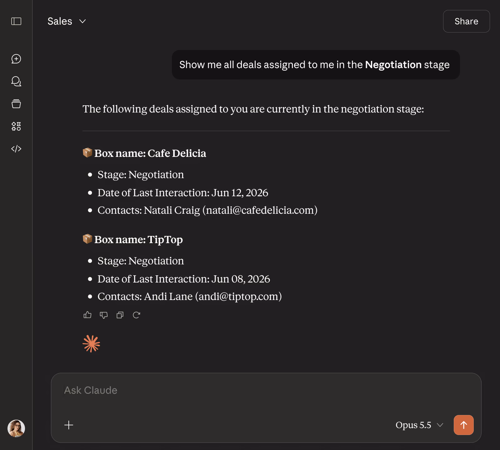 Claude chat where a user asks to see all deals assigned to them in the Negotiation stage, and Claude lists two deals from Streak, Cafe Delicia and TipTop, with stage, last interaction date, and contact details.