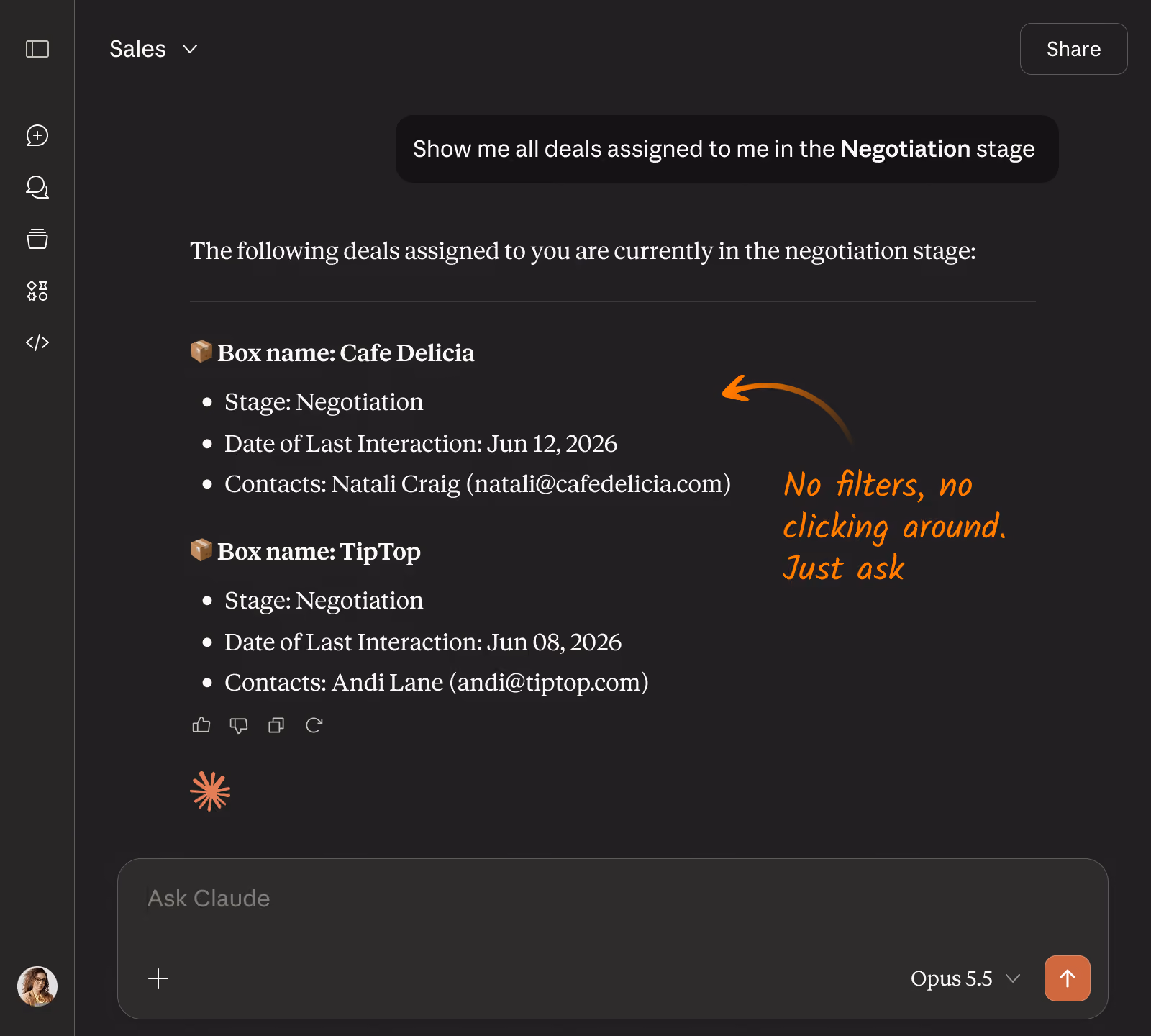 Claude chat where a user asks to see all deals assigned to them in the Negotiation stage, and Claude lists two deals from Streak, Cafe Delicia and TipTop, with stage, last interaction date, and contact details.
