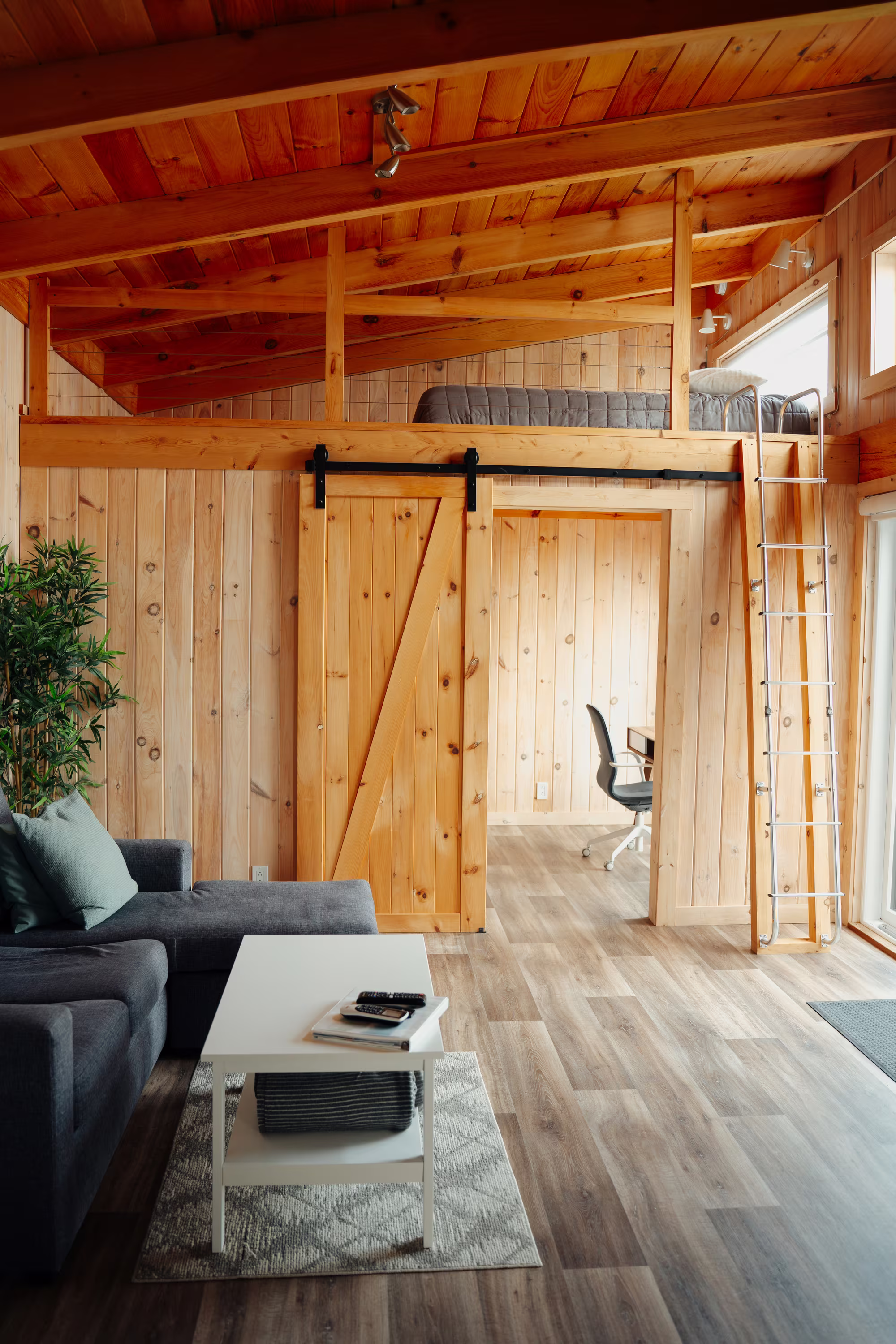 Séjour du chalet arrière avec divan, téléviseur et porte-grange de bois