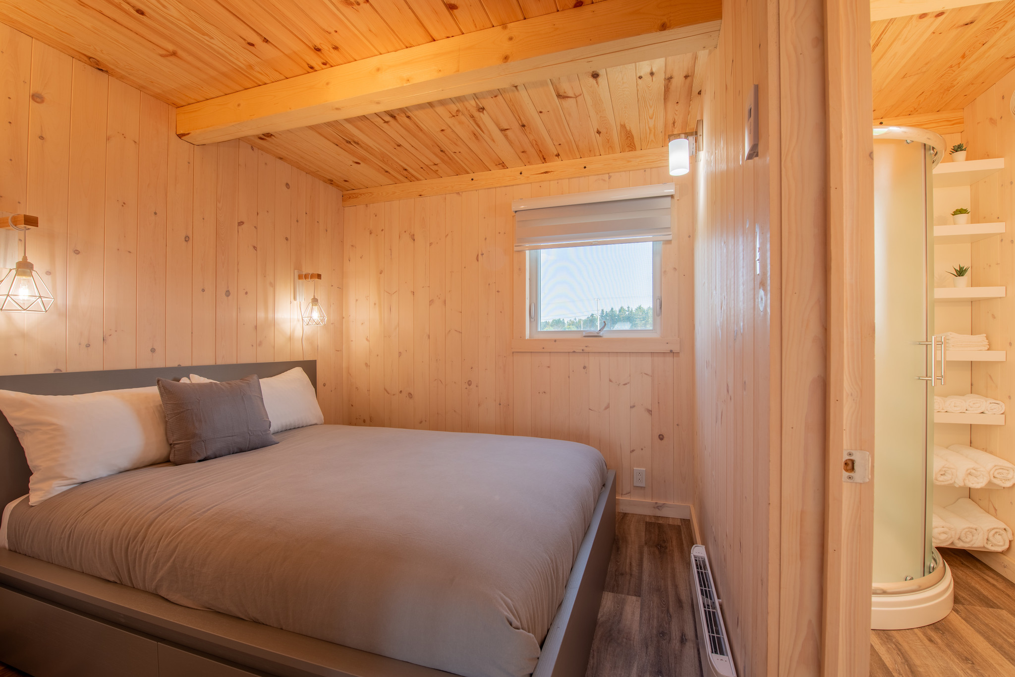 Bedroom 1 of the Swiss-style cabin, queen-size bed