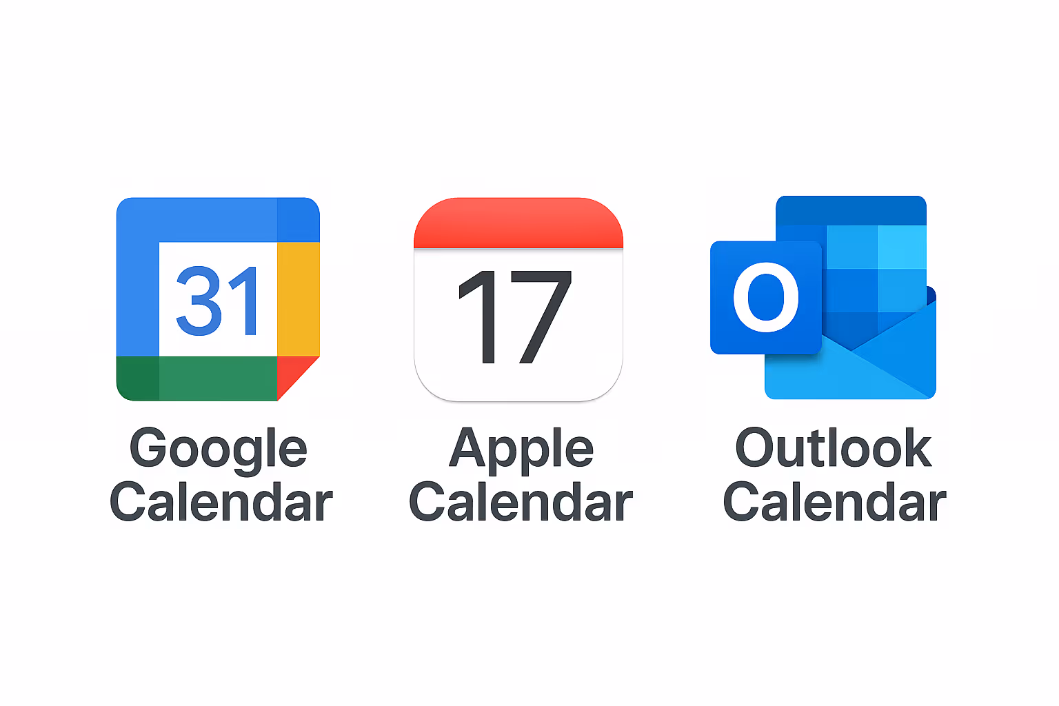 Goole Apple and Outlook calendar logos.